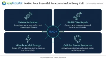 Four key functions of NAD+ inside cells supporting energy and DNA repair