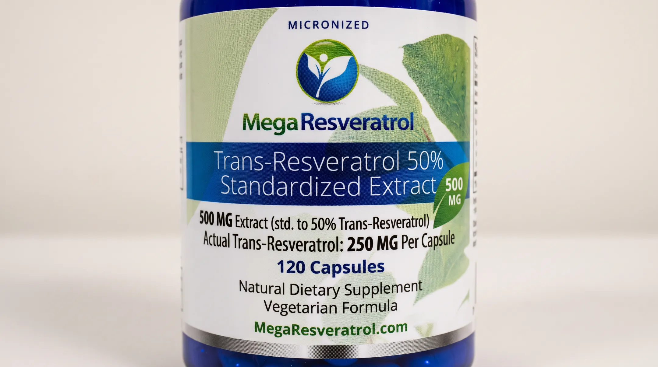 Resveratrol supplement label showing 500mg total with 50% standardization
