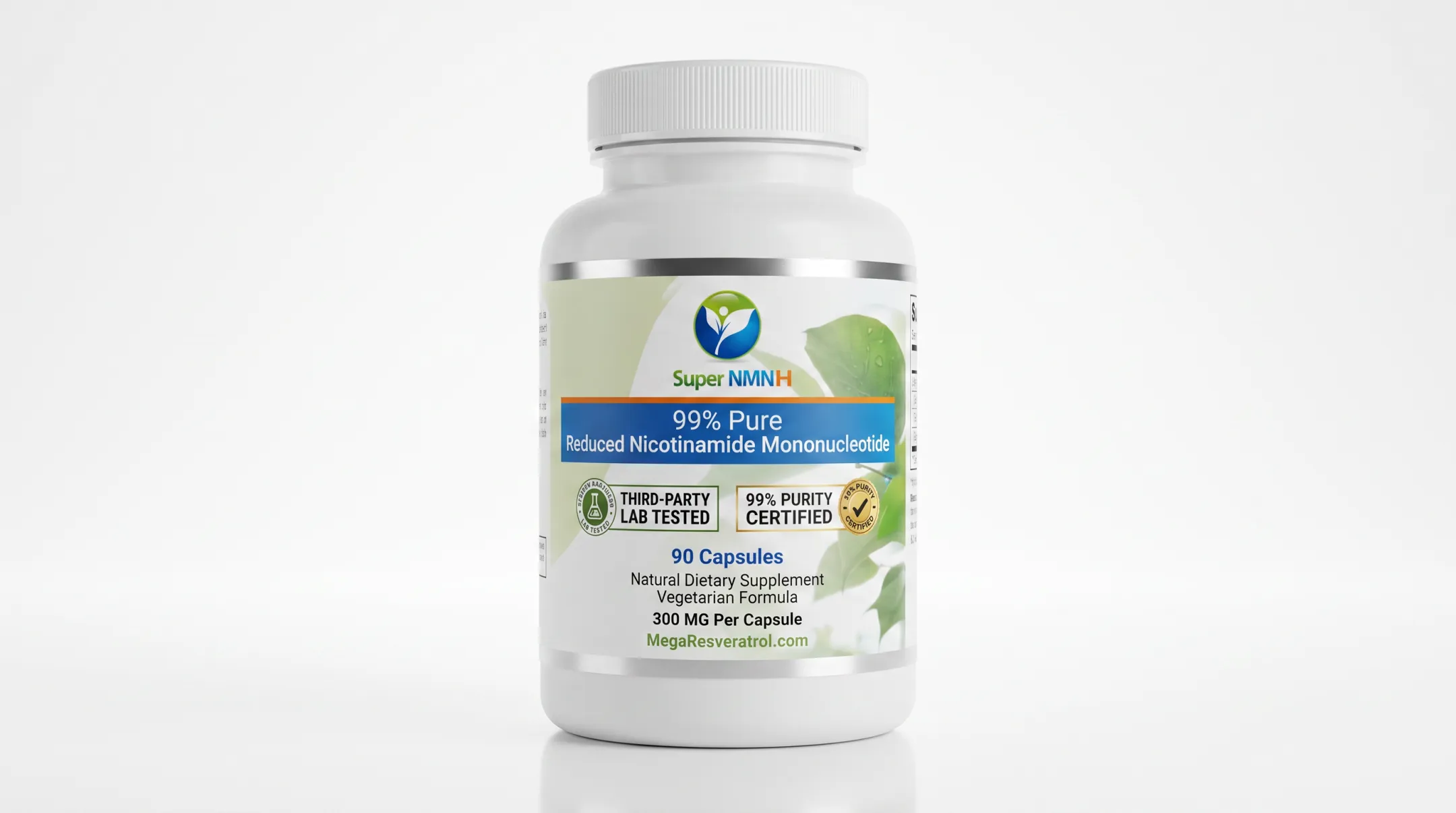 Super NMNH supplement bottle with lab-tested purity certification label