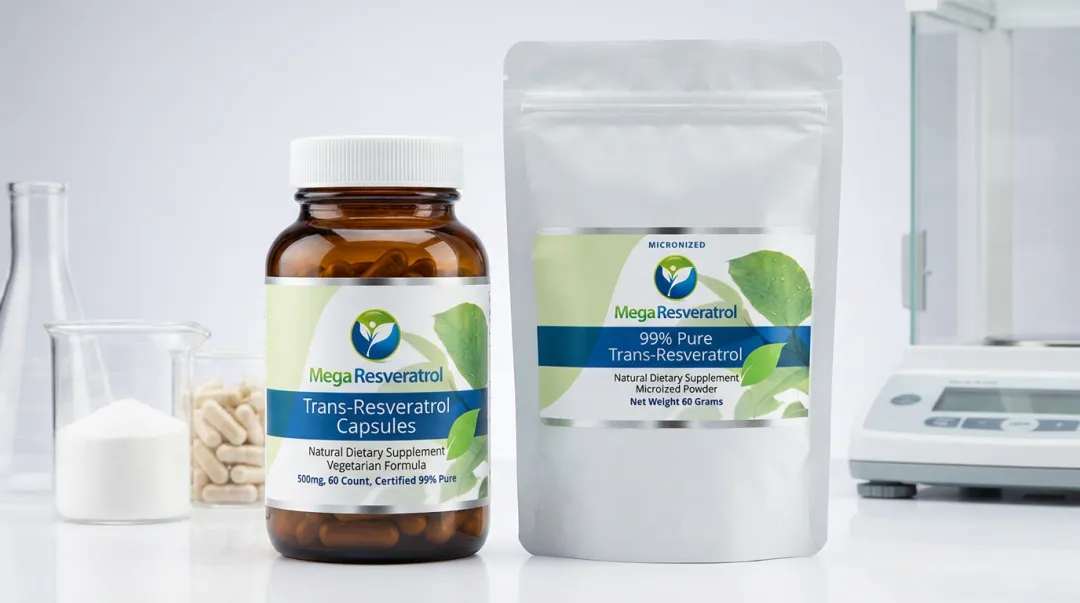 Mega Resveratrol trans-resveratrol capsules and powder product bottles