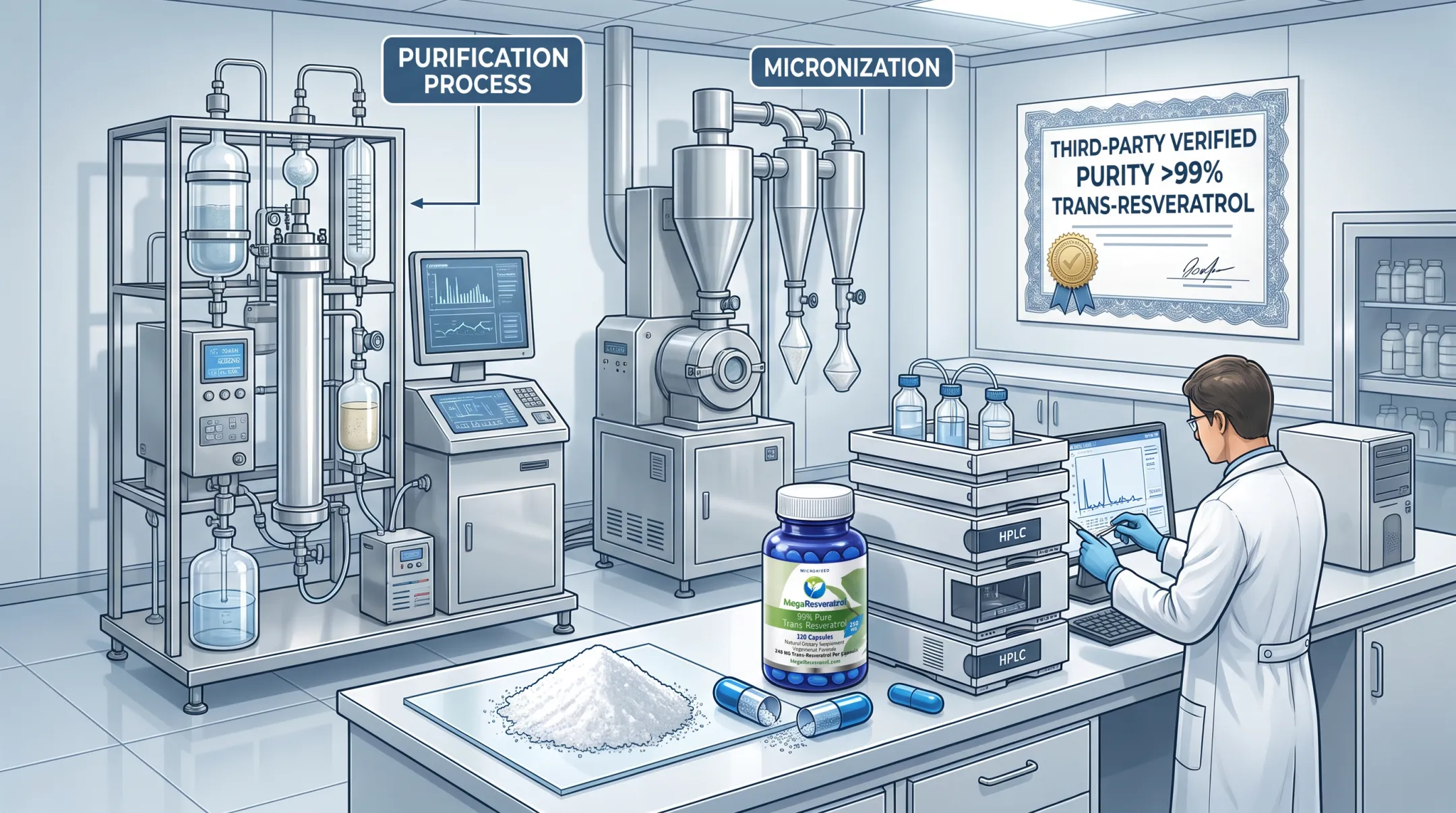 Mega Resveratrol micronized purity process showing 99% pure trans-resveratrol powder
