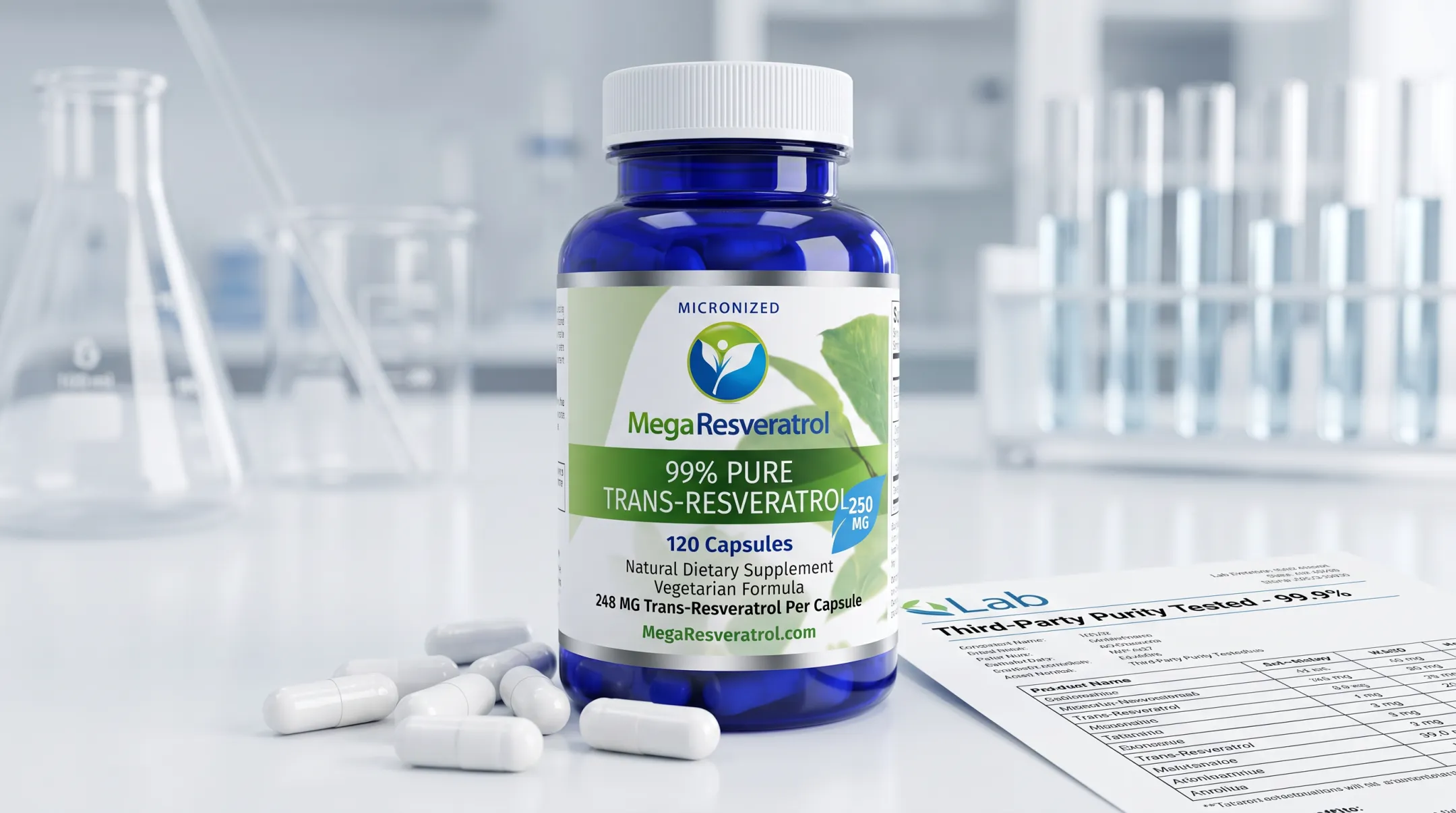 Mega Resveratrol micronized capsules with purity certification packaging