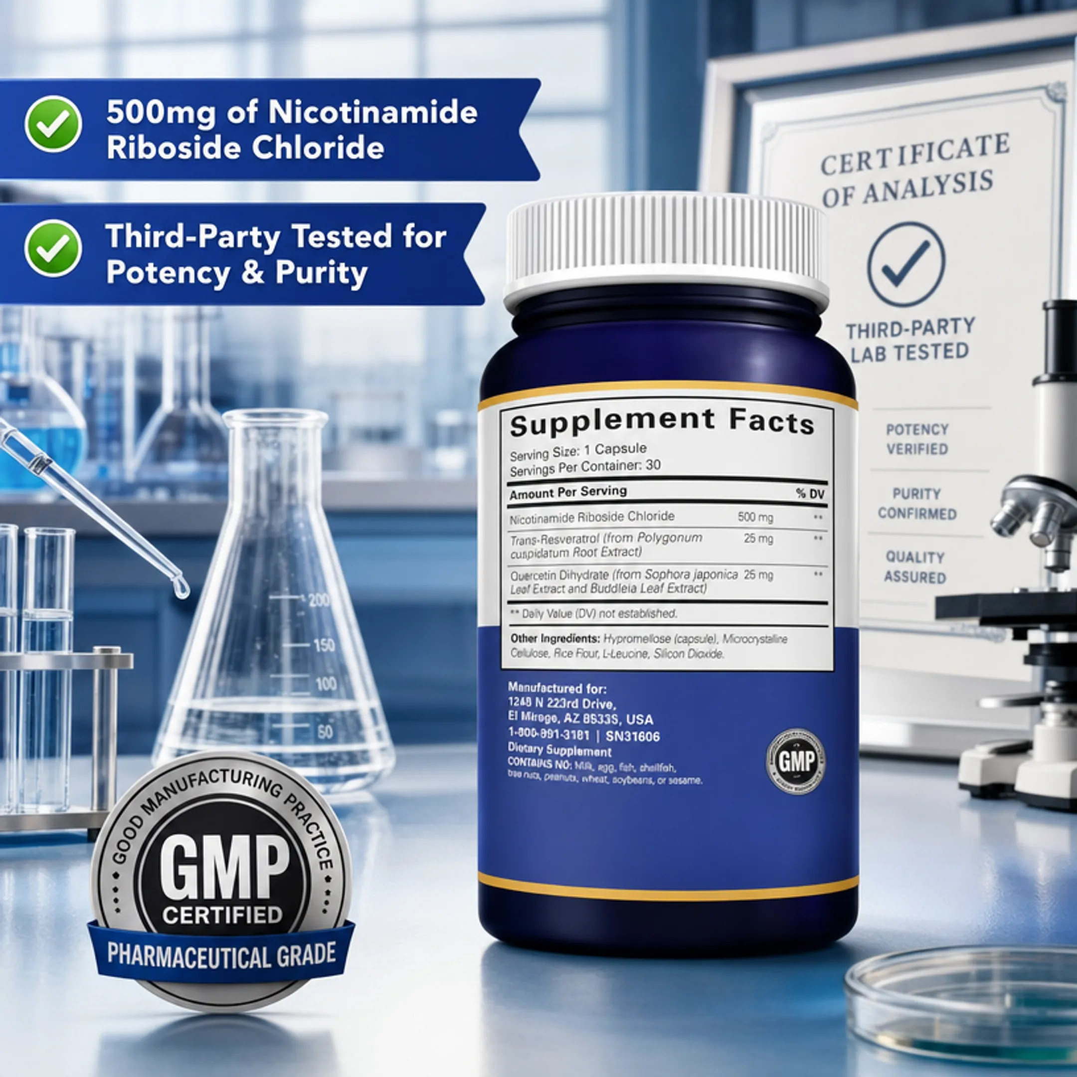 Nicotinamide riboside supplement capsules with laboratory testing equipment