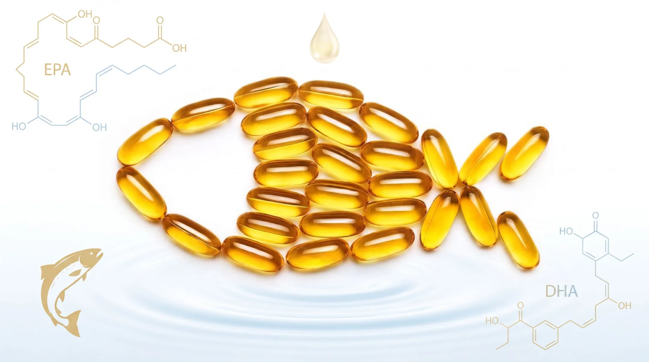 Fish oil supplement capsules with omega-3 fatty acid molecular structure