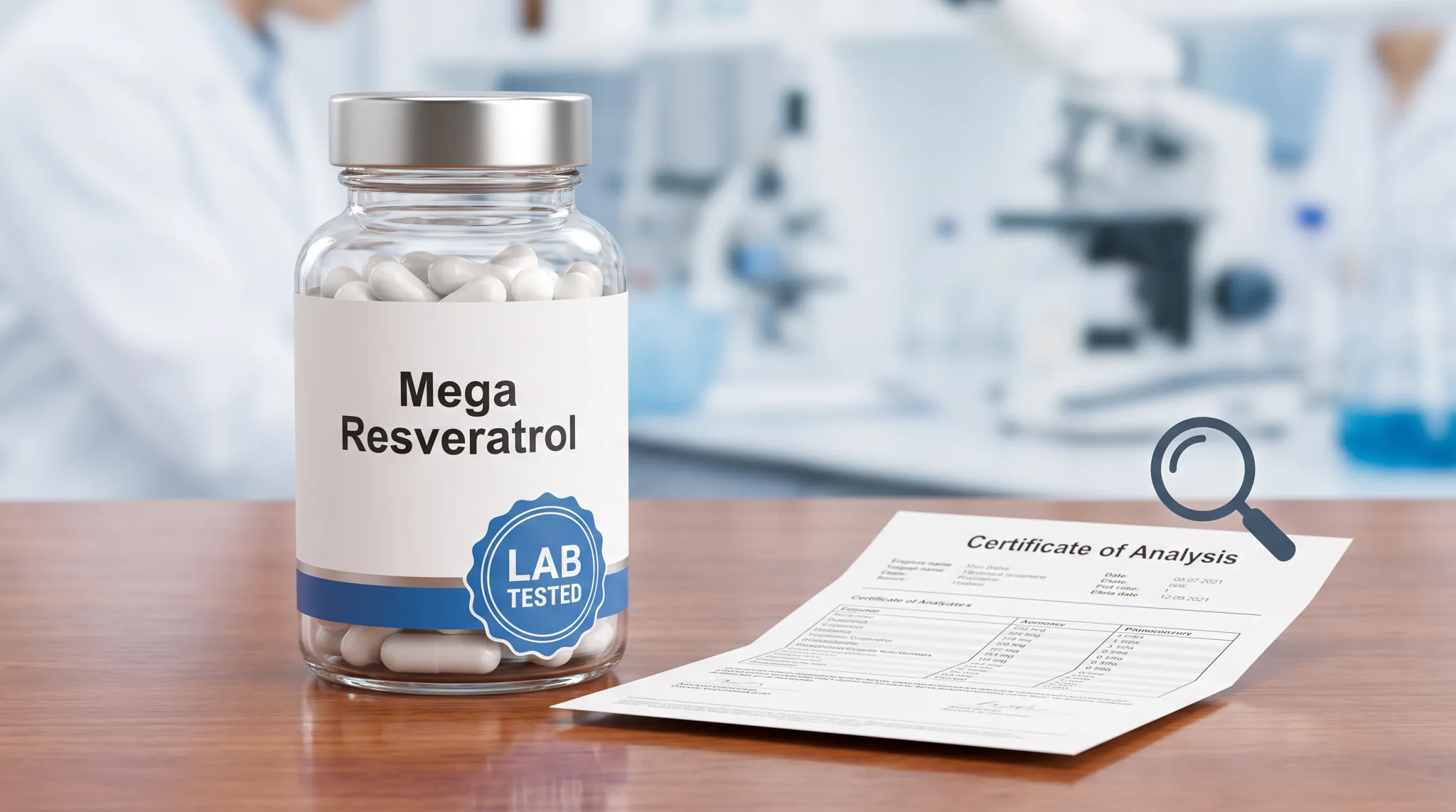 Mega Resveratrol supplement bottle with lab certification badge display
