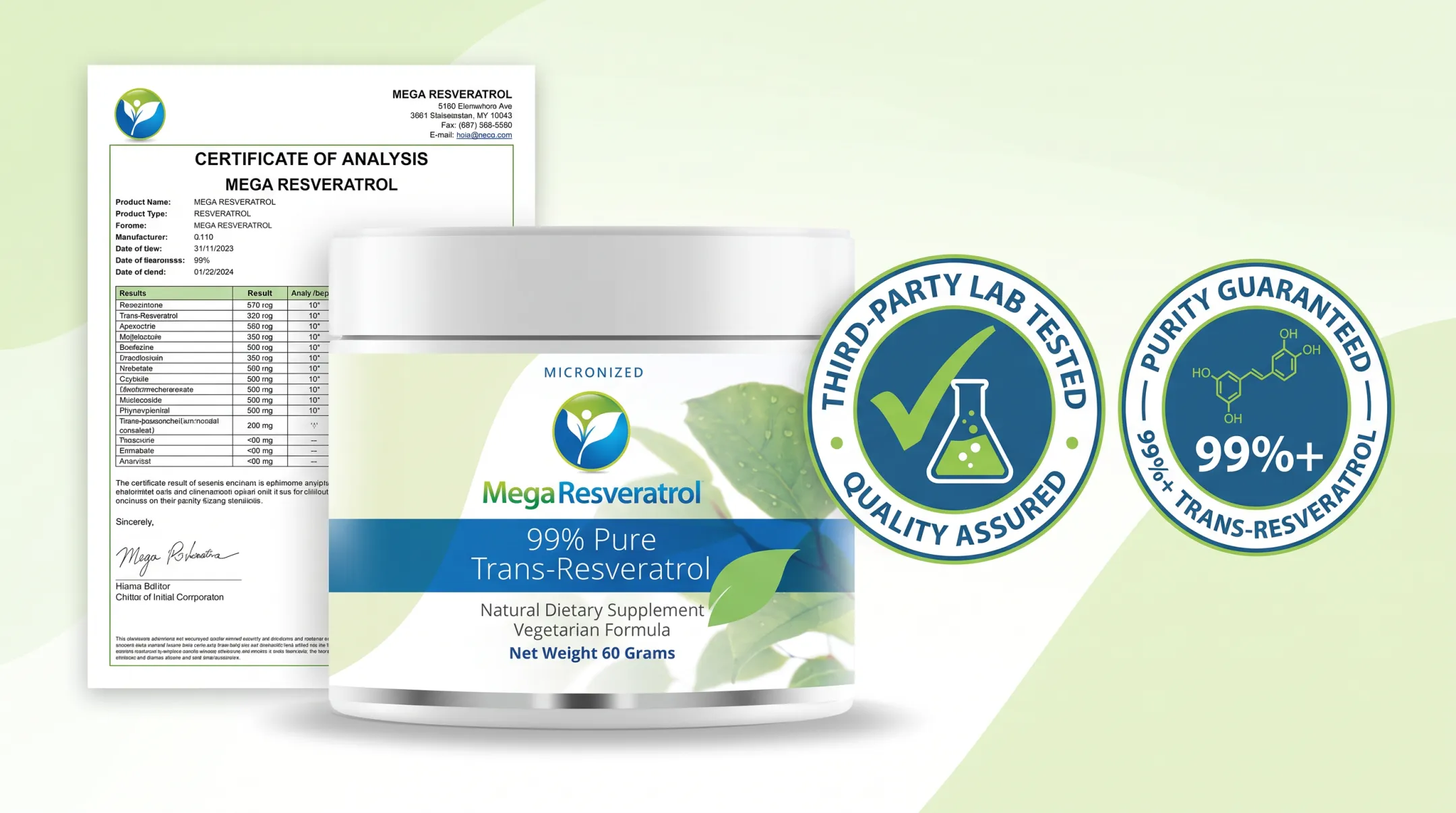 Mega Resveratrol trans-resveratrol powder purity testing certification display