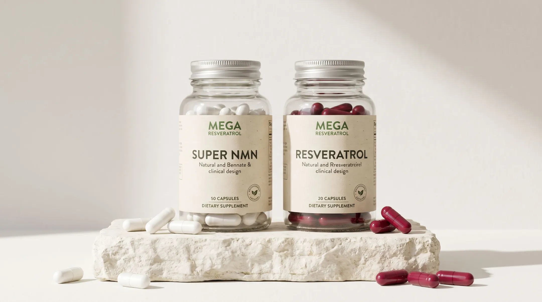 Super NMN and Resveratrol supplement capsules bottles side by side
