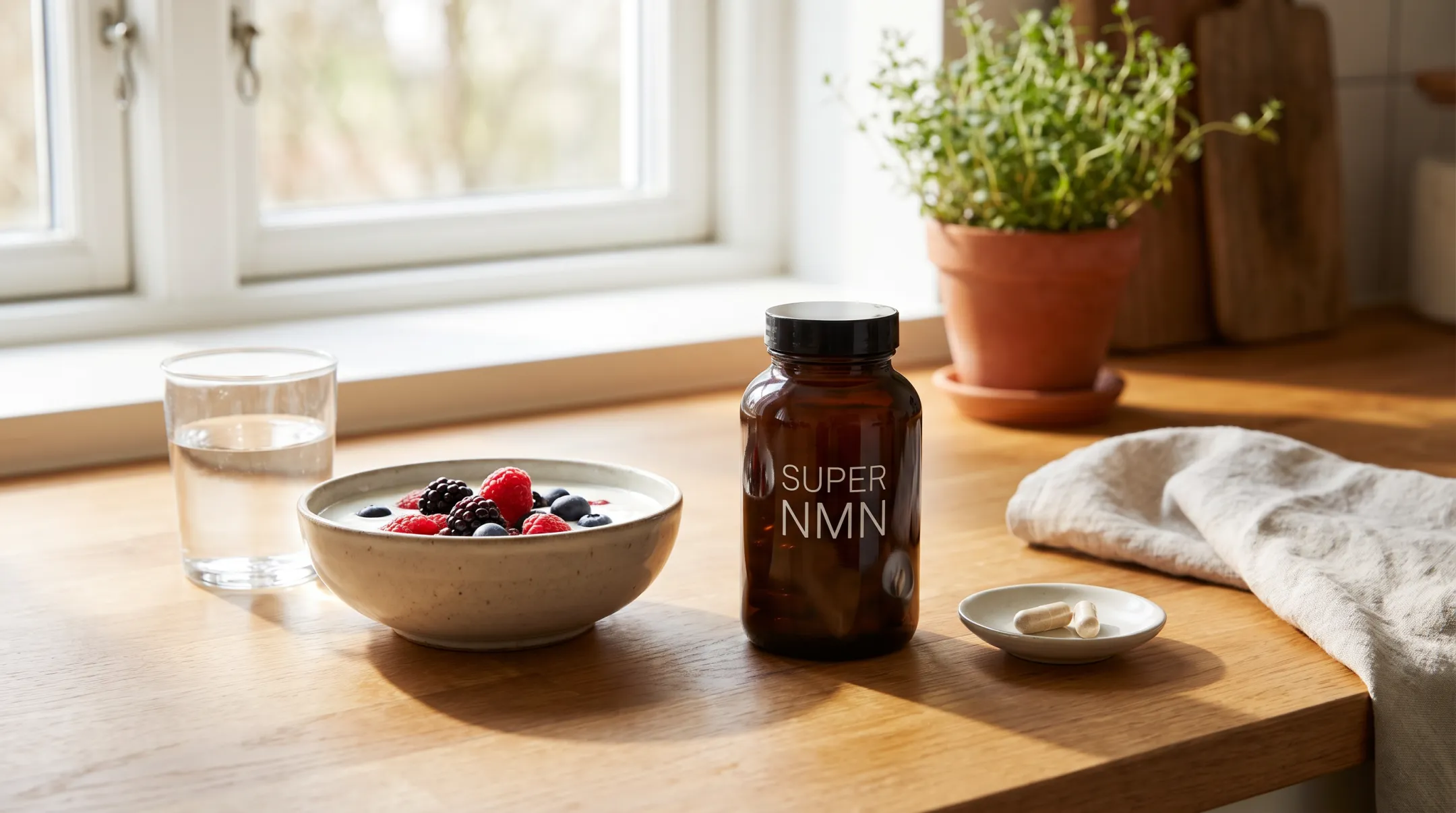 Mega Resveratrol Super NMN capsule bottle with morning breakfast setting
