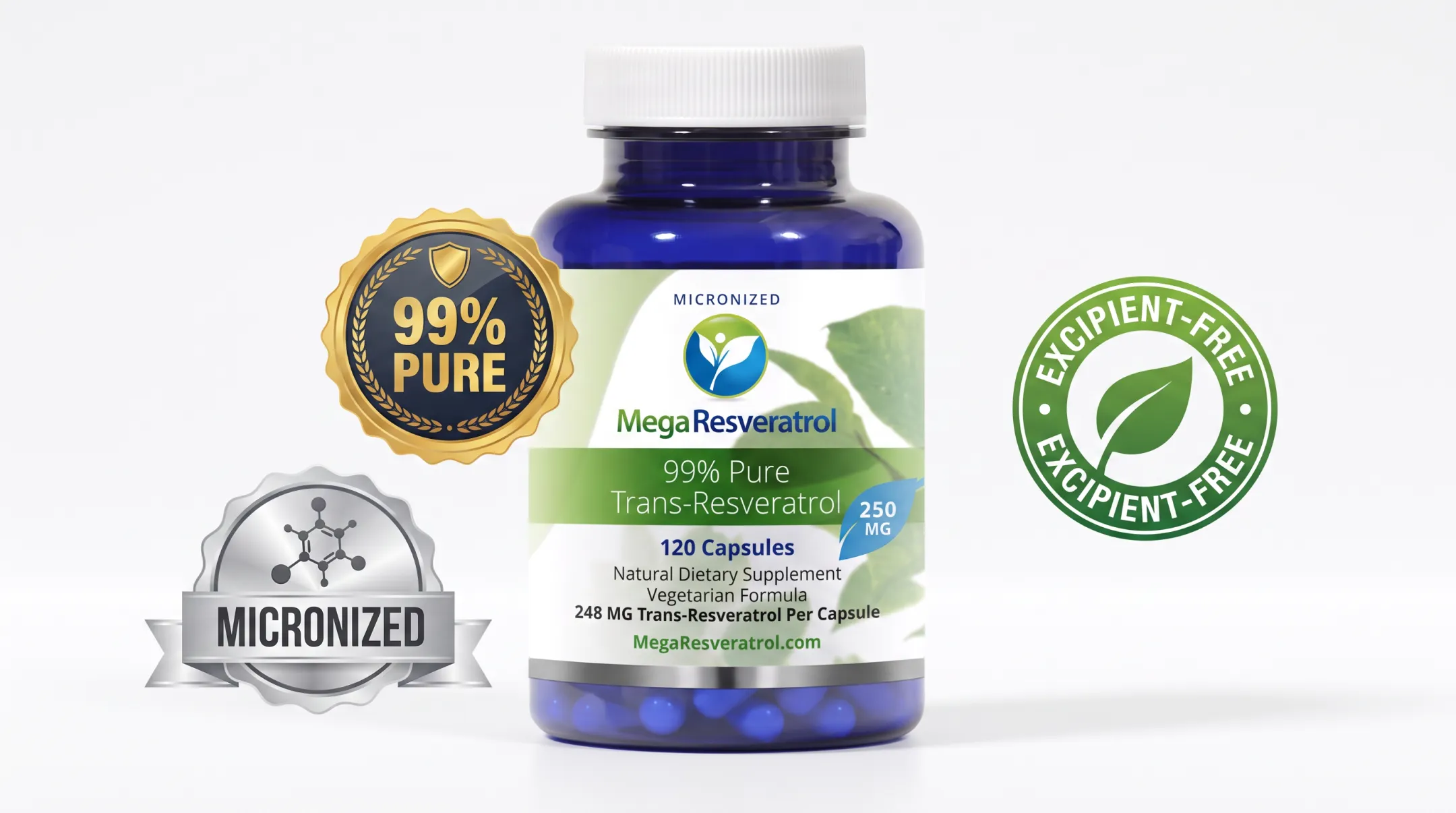 Mega Resveratrol trans-resveratrol capsule bottle with purity certification badge