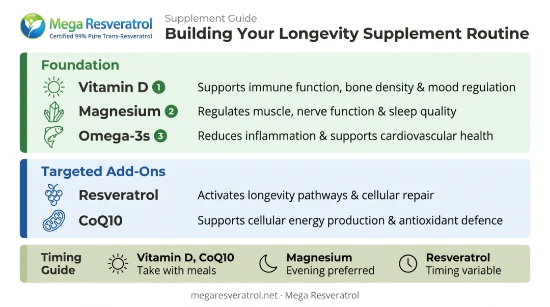 Practical longevity supplement daily routine stack with timing and dosing guidance
