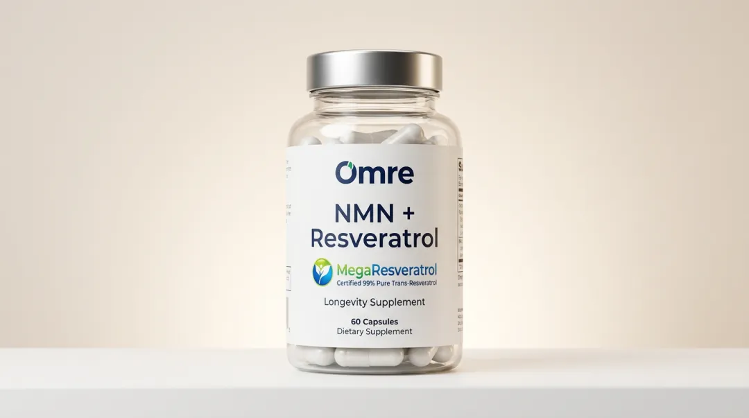 Omre NMN plus Resveratrol supplement bottle and capsules product display