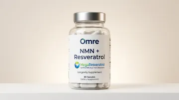 Omre NMN plus Resveratrol supplement bottle and capsules product display