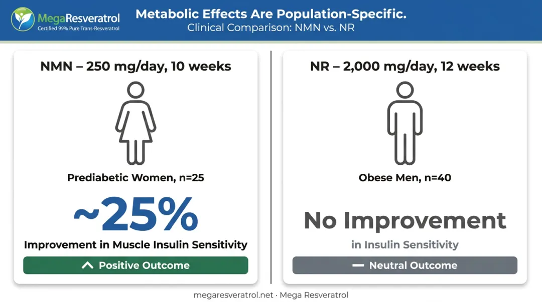 NMN versus NR metabolic health study outcomes comparison side by side infographic