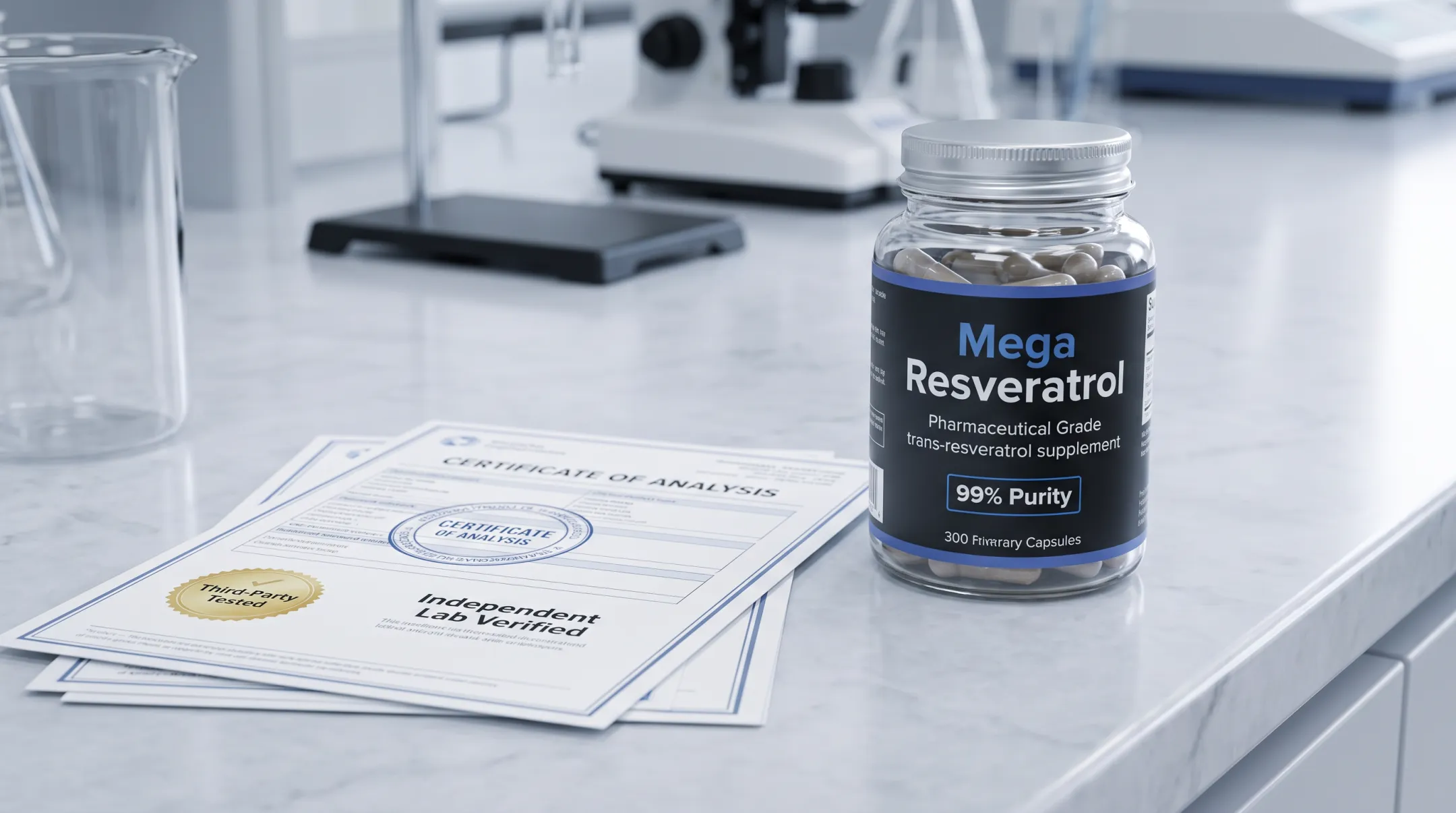 Mega Resveratrol pharmaceutical-grade trans-resveratrol supplement bottle and lab testing