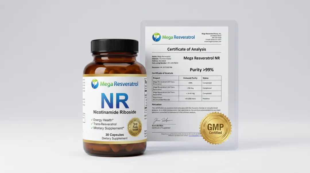 NR supplement product bottle with independent lab certification and GMP facility seal