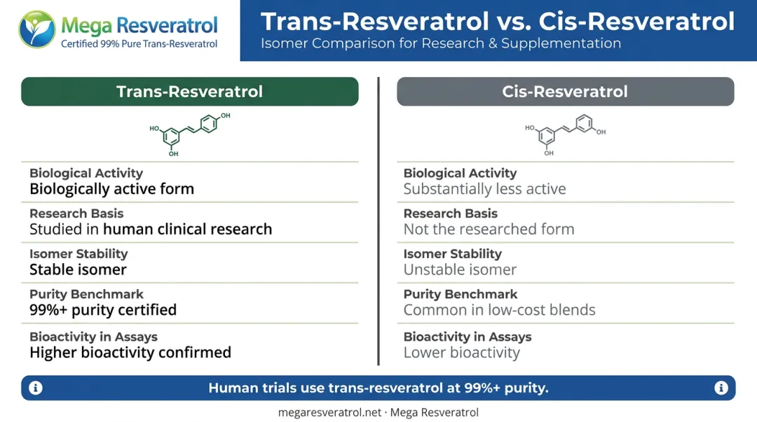 Trans-resveratrol versus cis-resveratrol bioactivity and purity comparison infographic