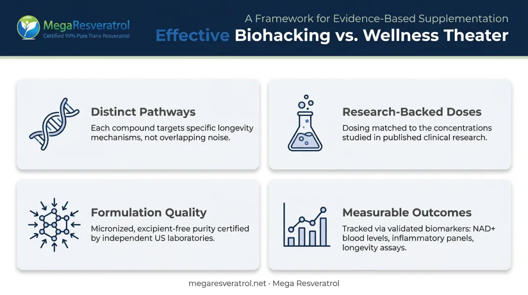 Four principles separating effective biohacking from wellness theater infographic