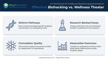 Four principles separating effective biohacking from wellness theater infographic