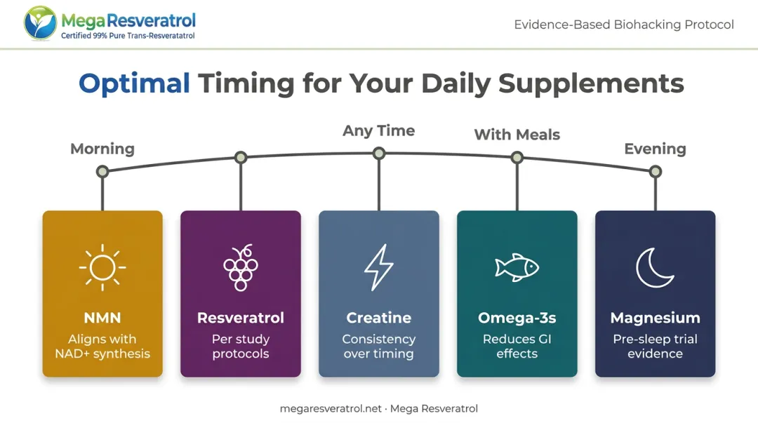 Biohacking supplement stack daily timing schedule for NMN creatine magnesium omega-3 resveratrol