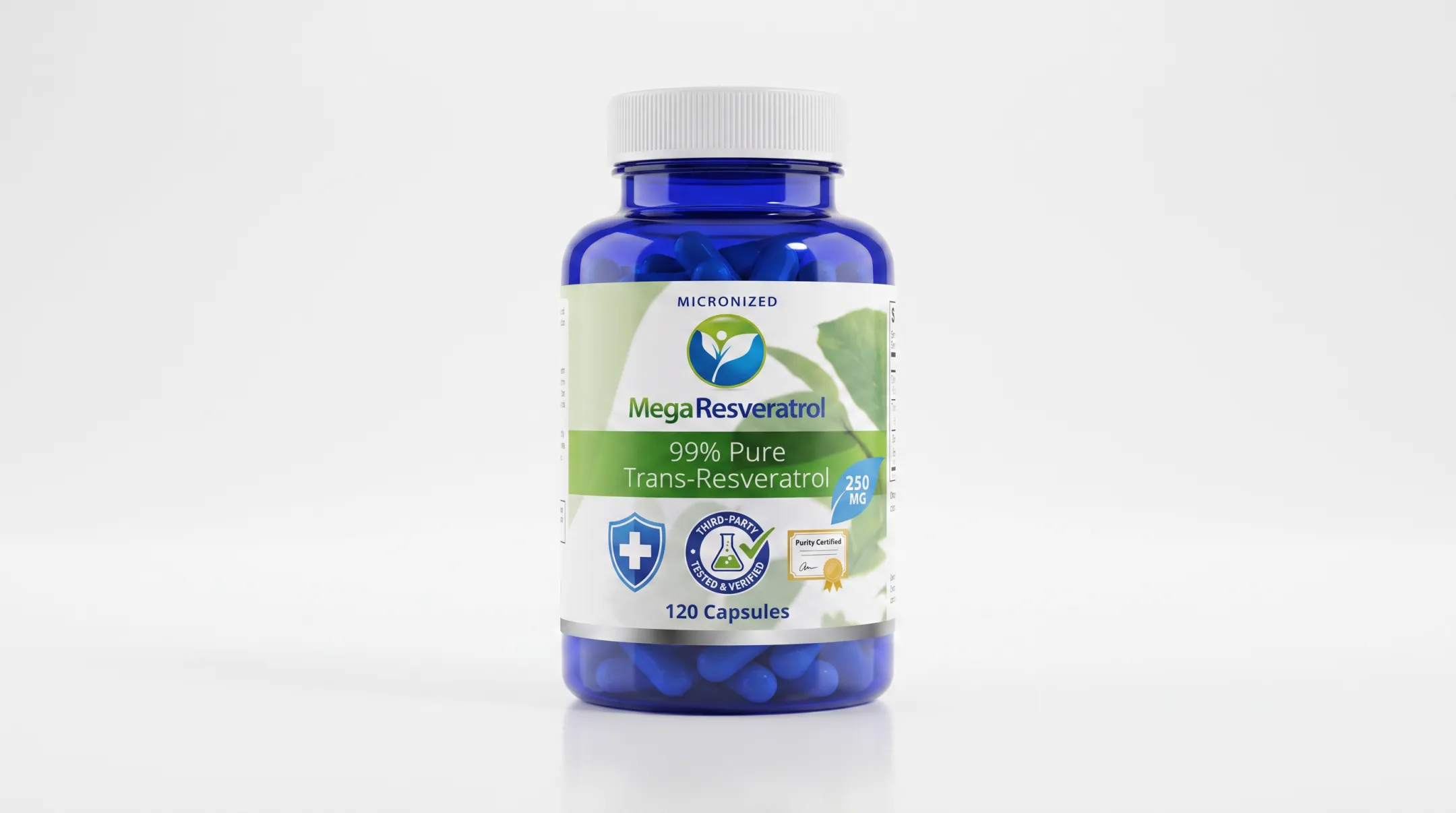 Mega Resveratrol pharmaceutical-grade trans-resveratrol capsules bottle and packaging