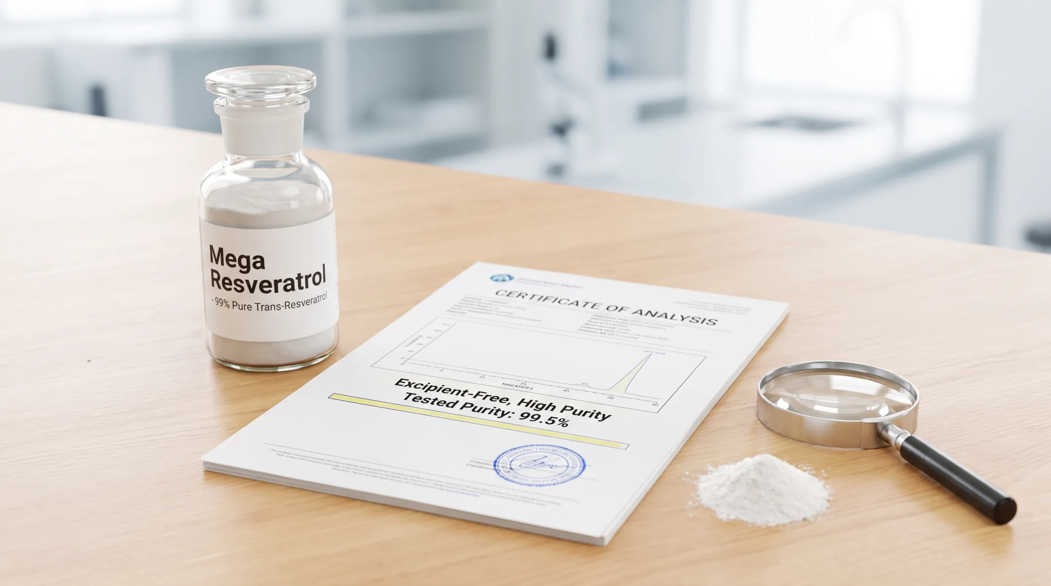 Mega Resveratrol 99% pure micronized capsules purity certification display