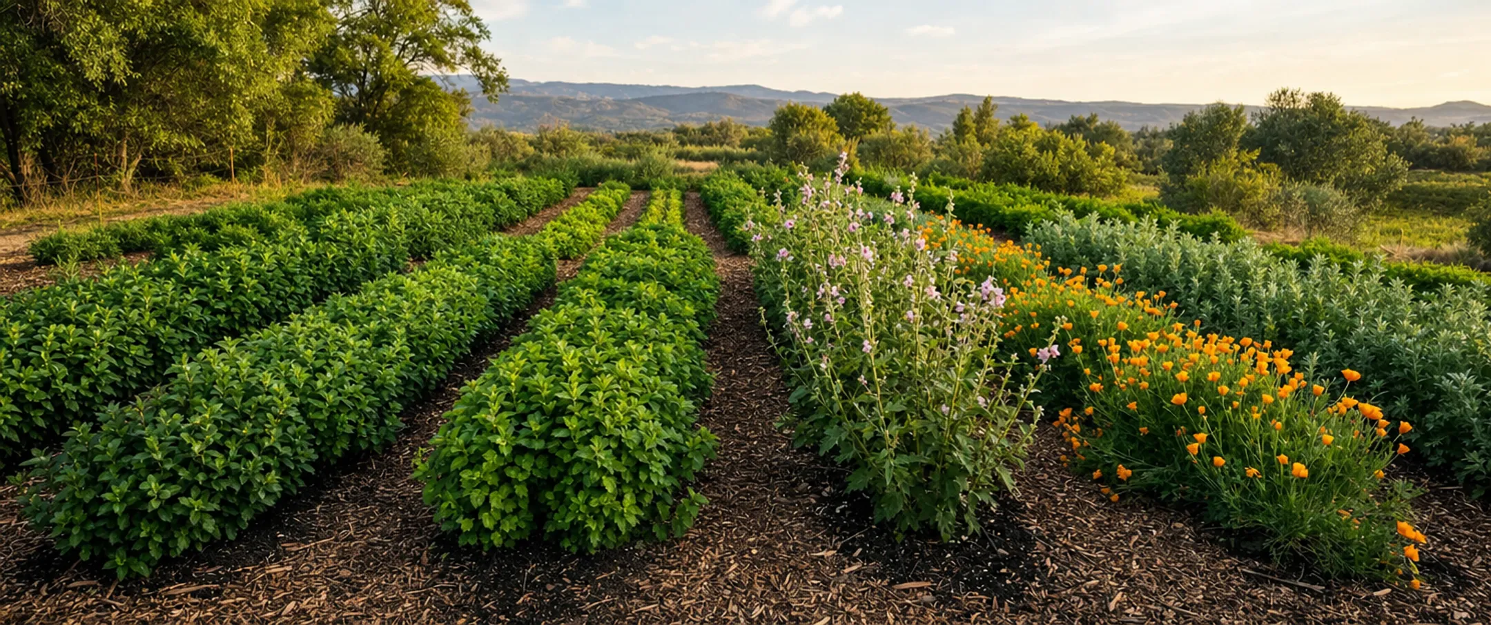 Organic botanical farm with regenerative herbs growing for supplement production