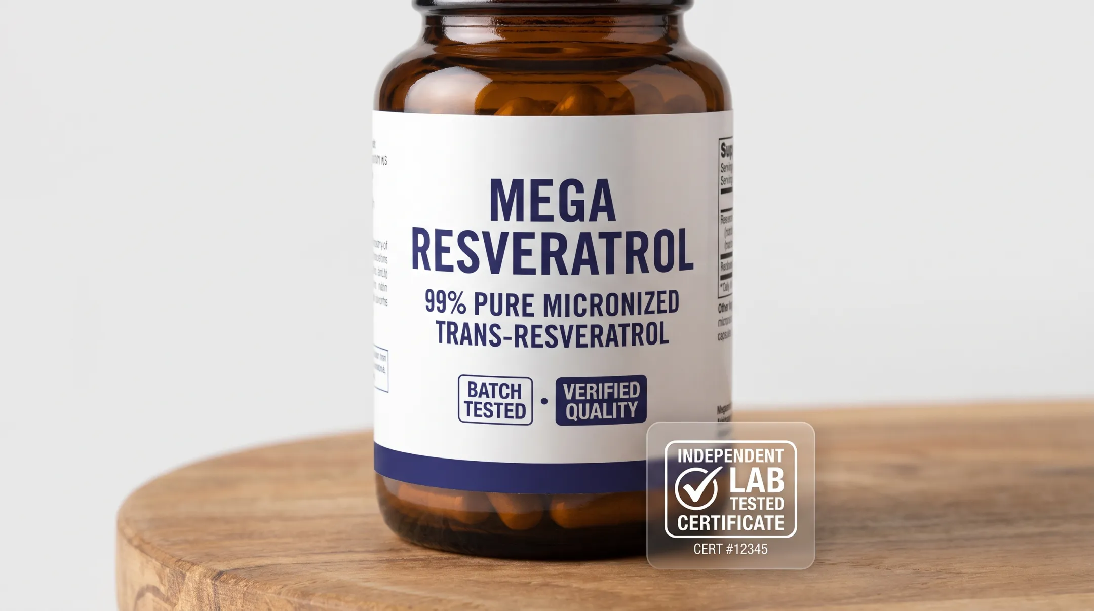Micronized 99% pure trans-resveratrol capsules with lab certification badge