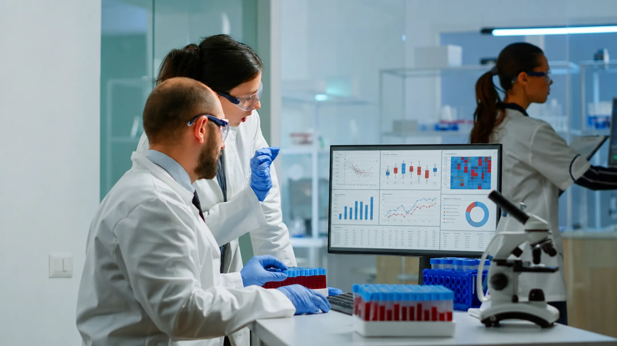 Clinical research laboratory setting with scientists analyzing blood biomarker samples