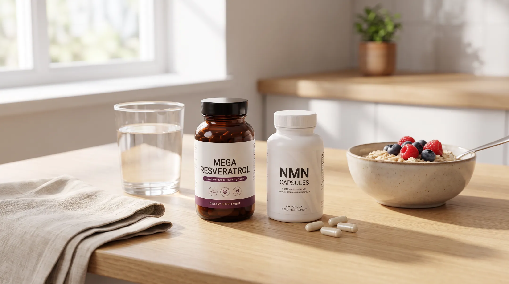 Mega Resveratrol supplement bottle paired with NMN capsule morning routine