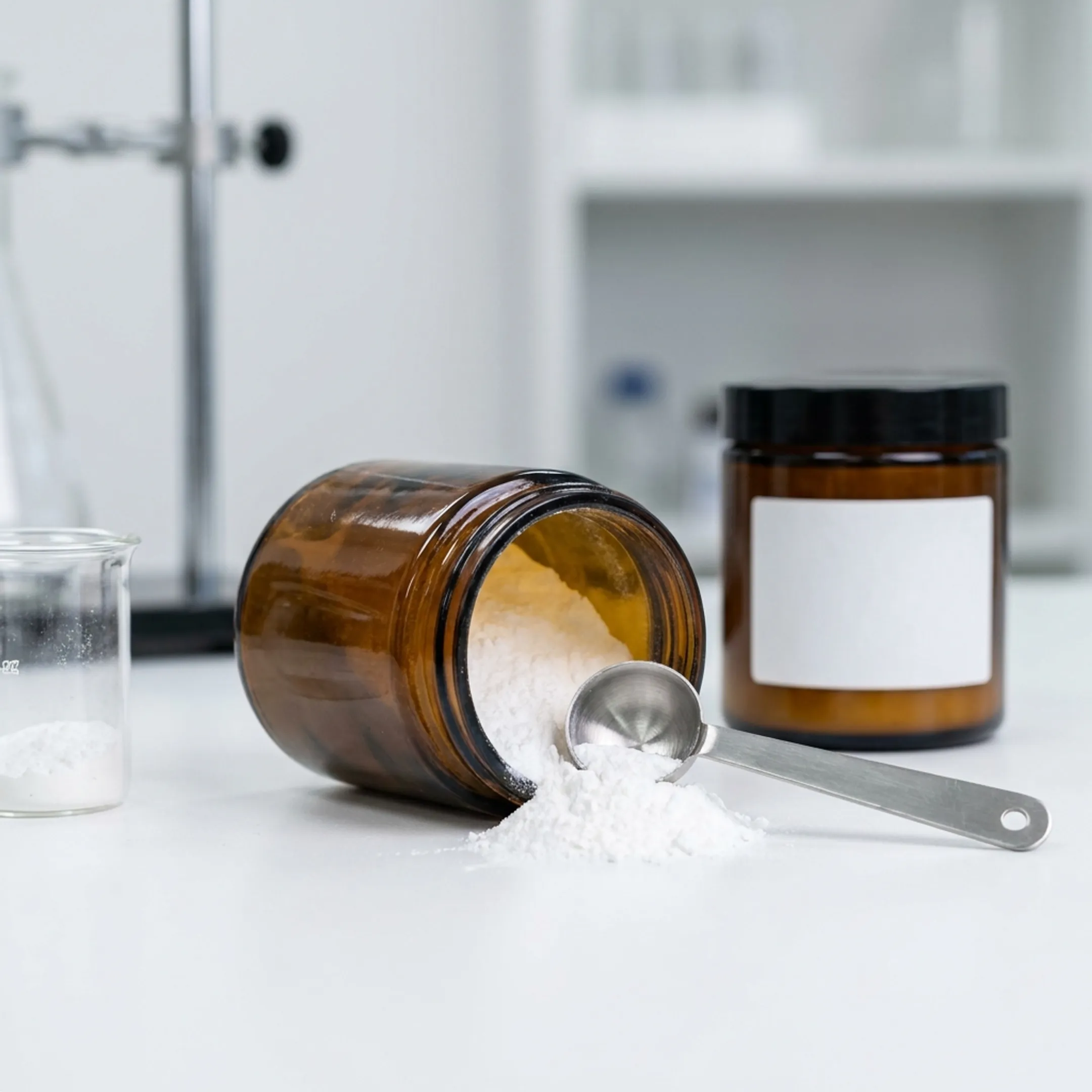 Pure NMN powder beside a measuring scoop