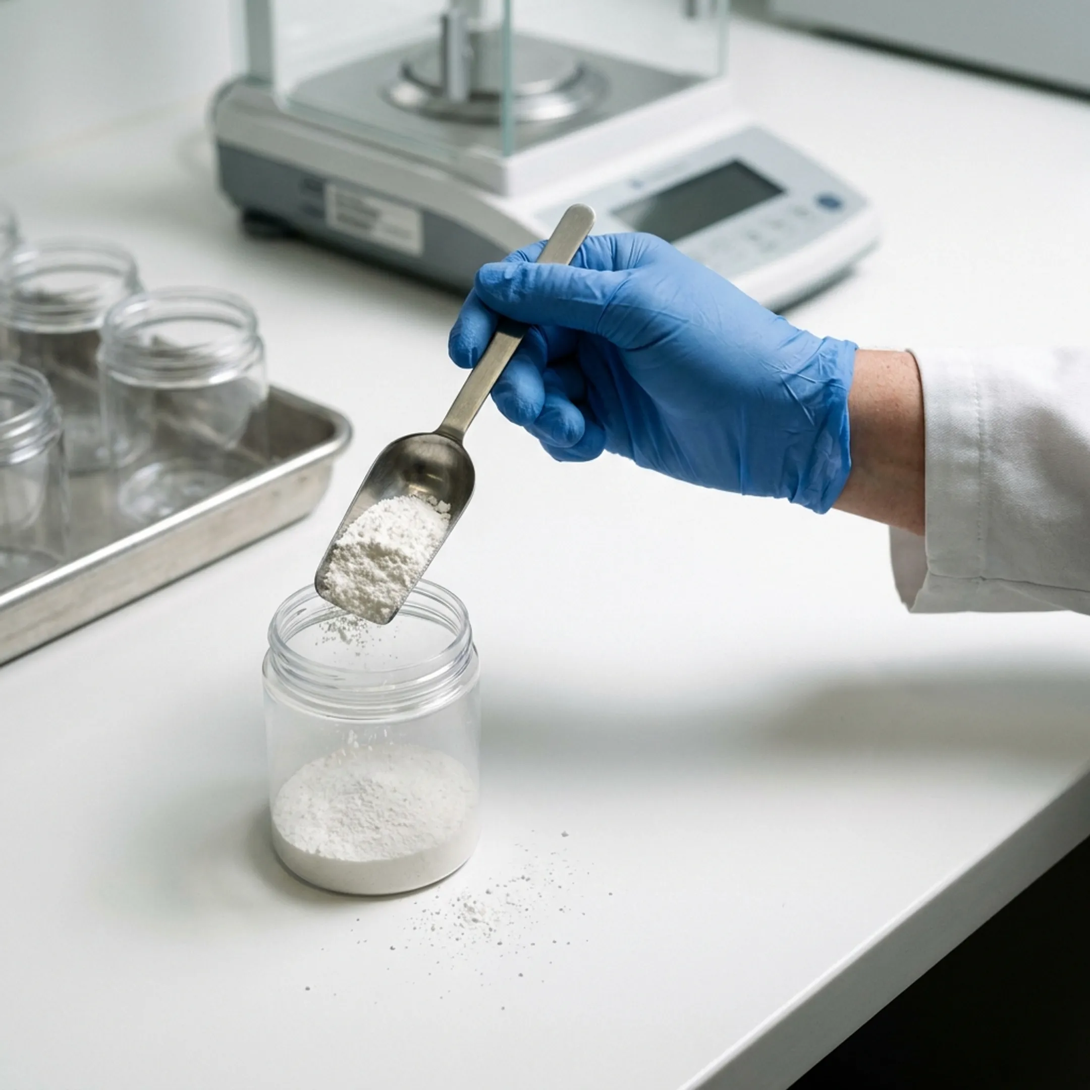 NMN powder being measured in a clean lab setting