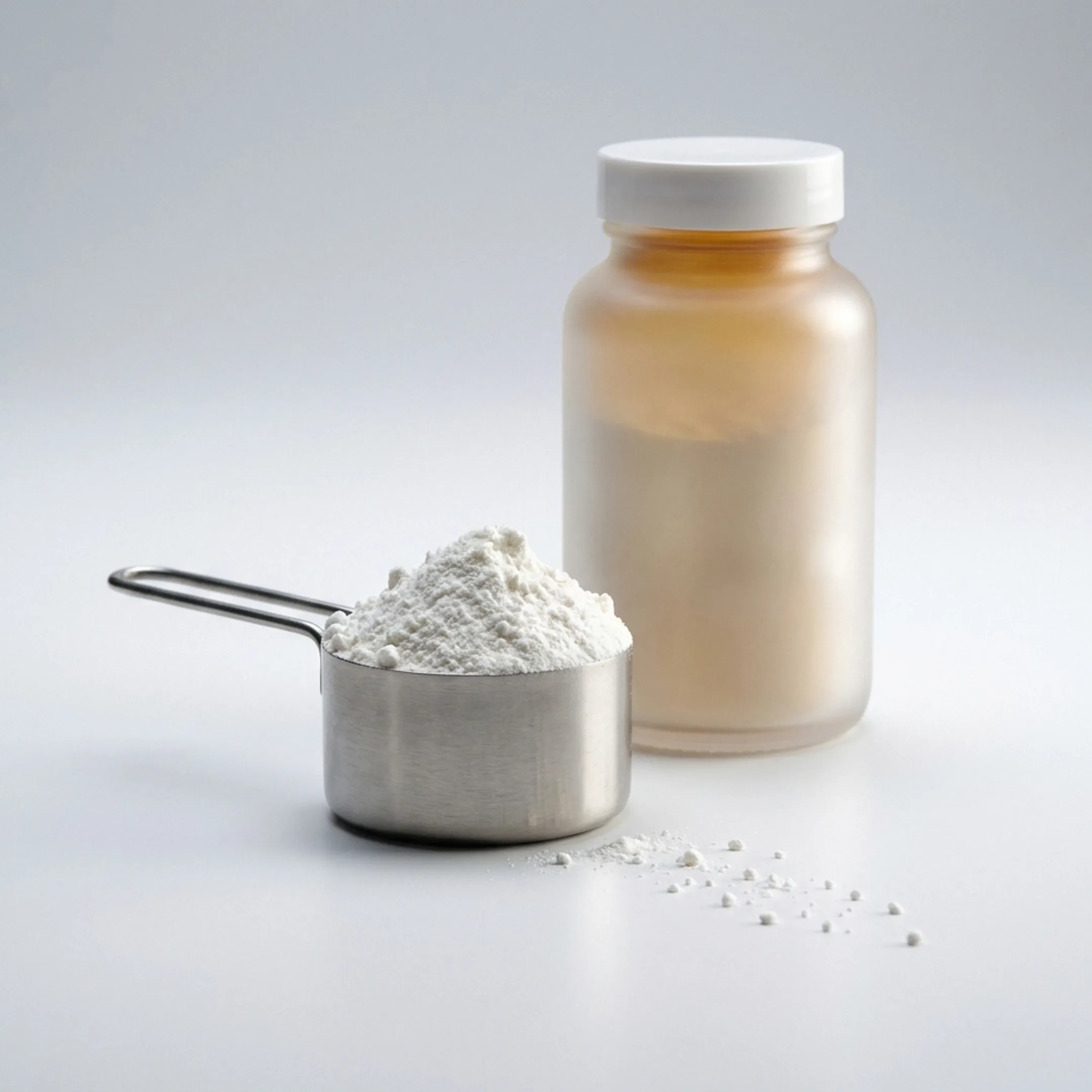 Scoop of fine white NMN powder beside a supplement jar