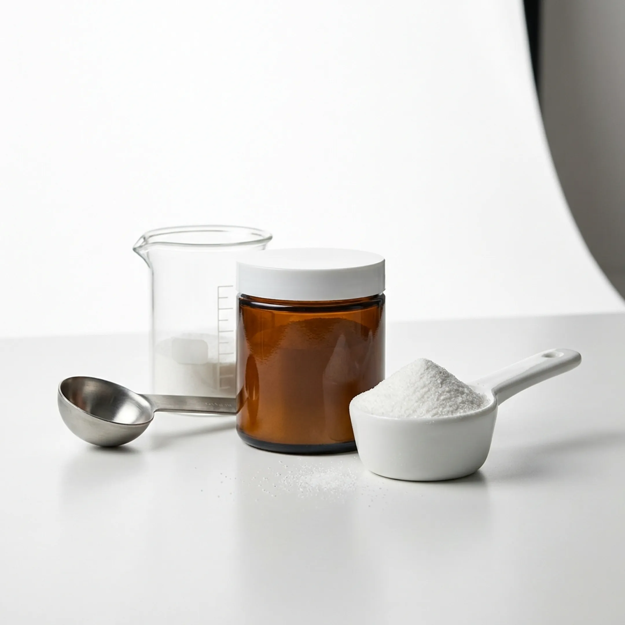 Scoop of white NMN powder beside a supplement jar