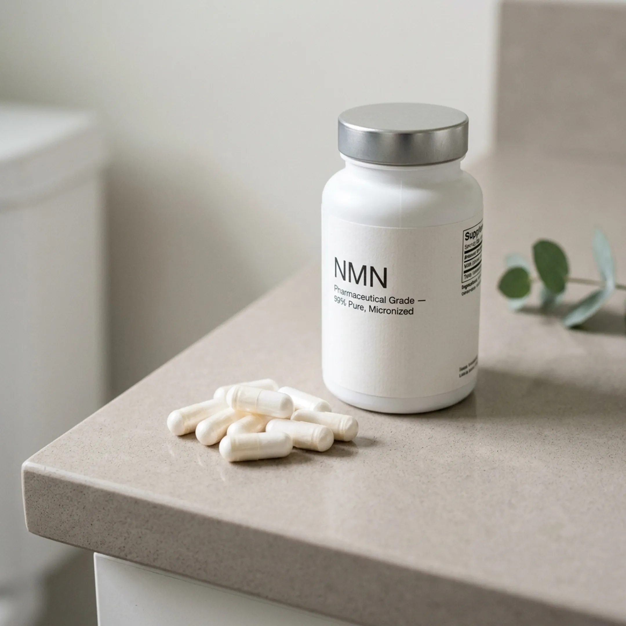 NMN capsules beside a supplement bottle