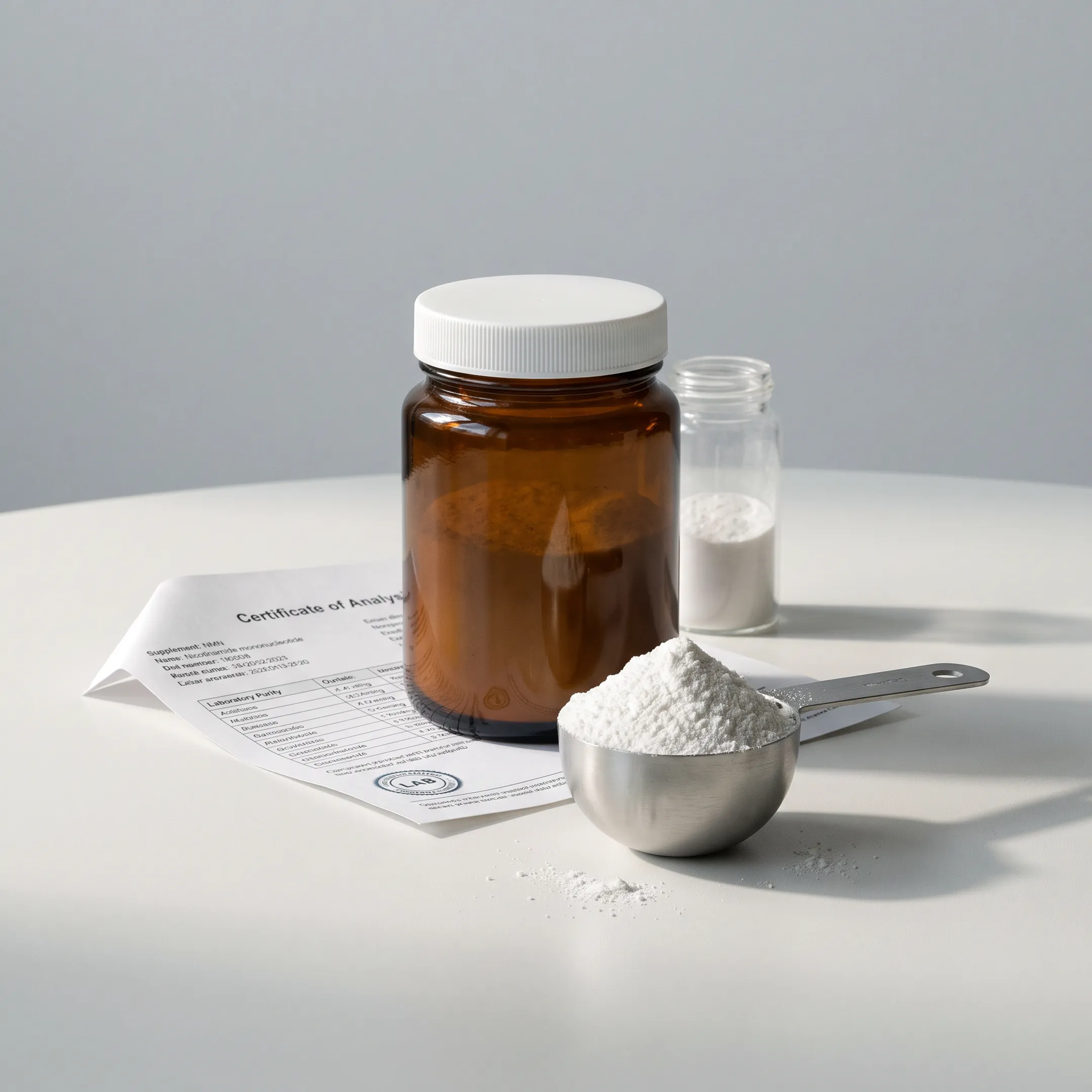 Scoop of white NMN powder beside a supplement jar