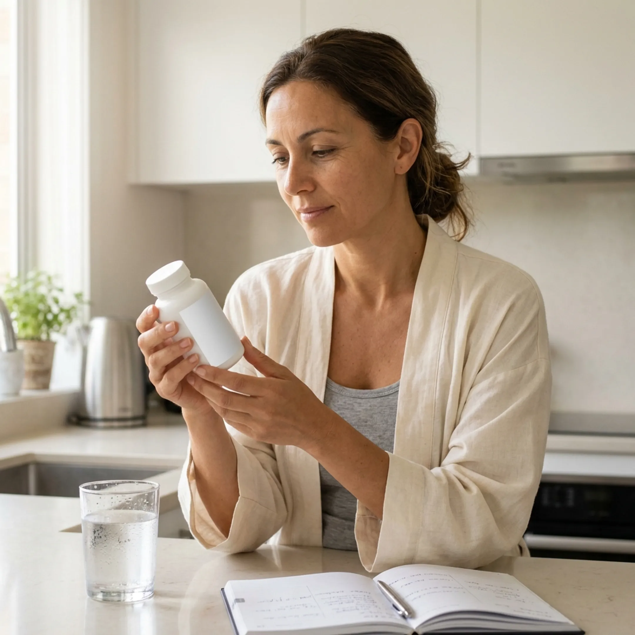 Adult holding NMN supplement near a glass of water