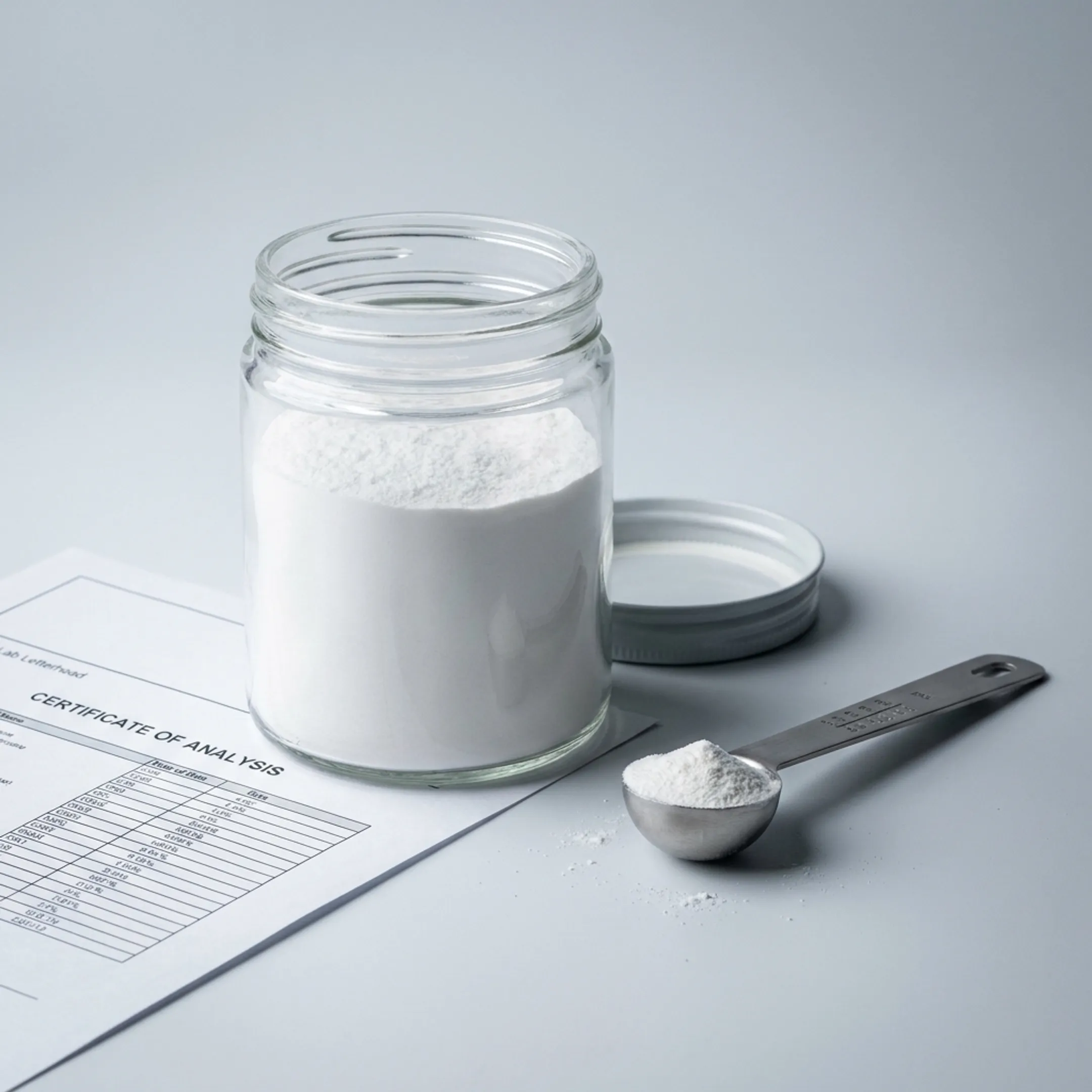 Lab-tested NMN powder in a glass container
