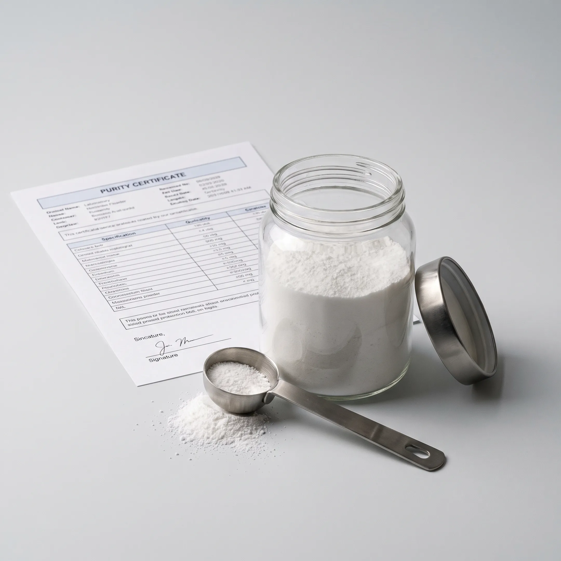 Scoop of white NMN powder beside a supplement jar