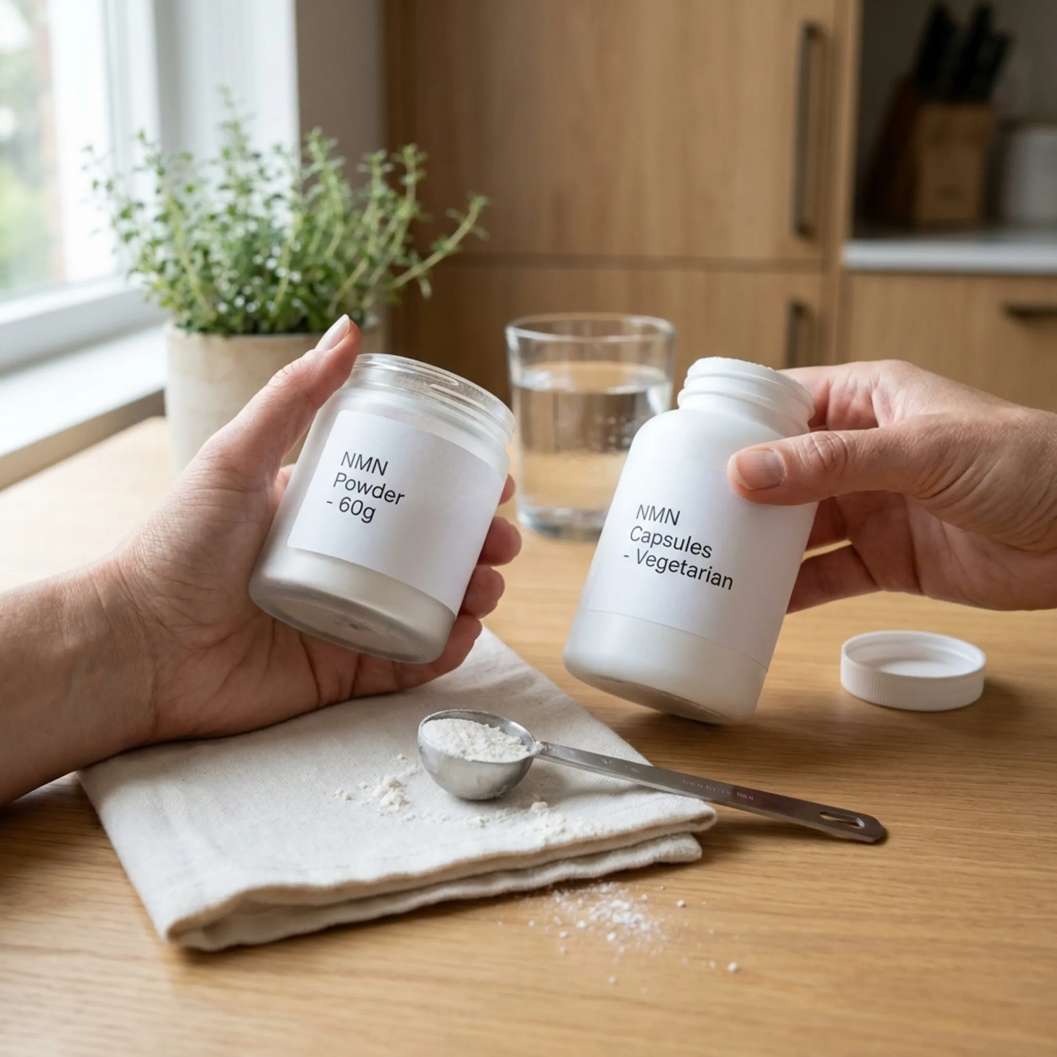 Person comparing NMN powder and capsules