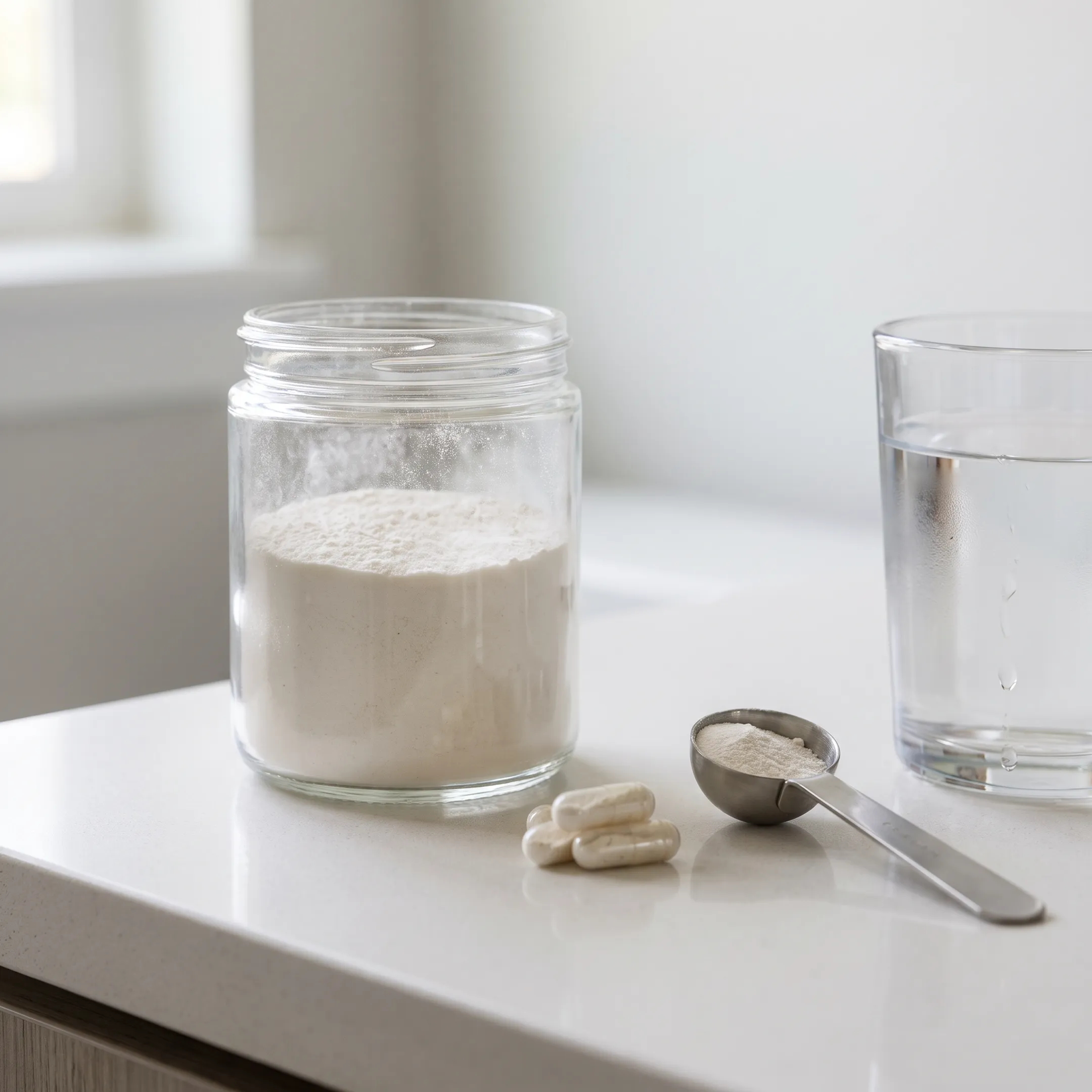 NMN powder and capsules on a clean wellness counter