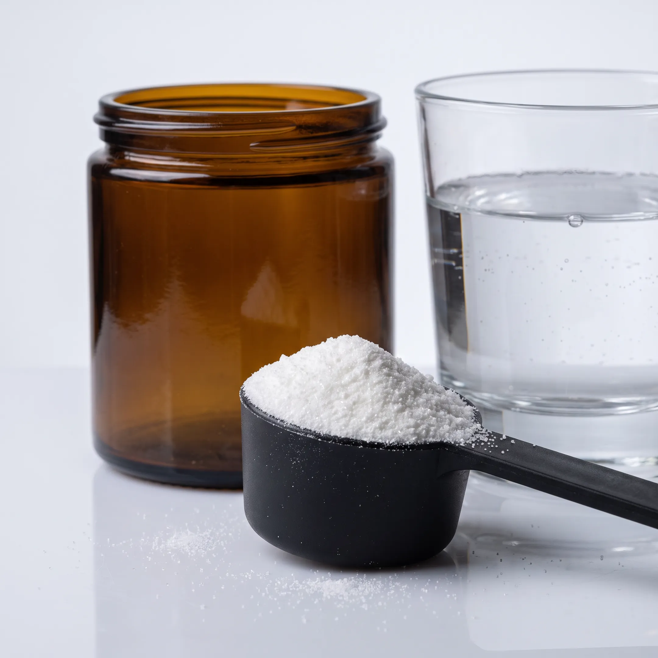 Scoop of white NMN powder beside a glass of water