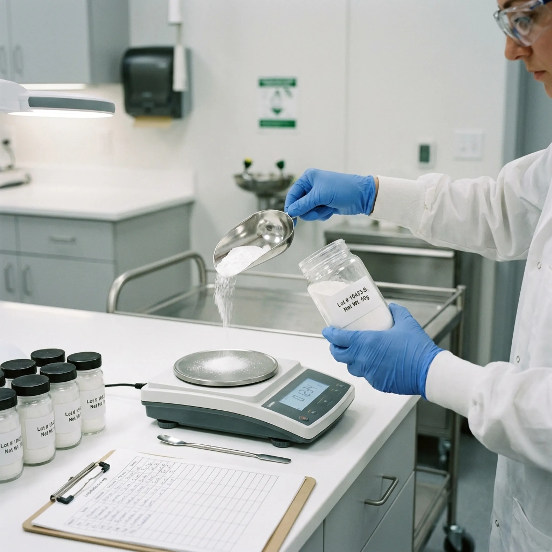 Technician measuring white supplement powder
