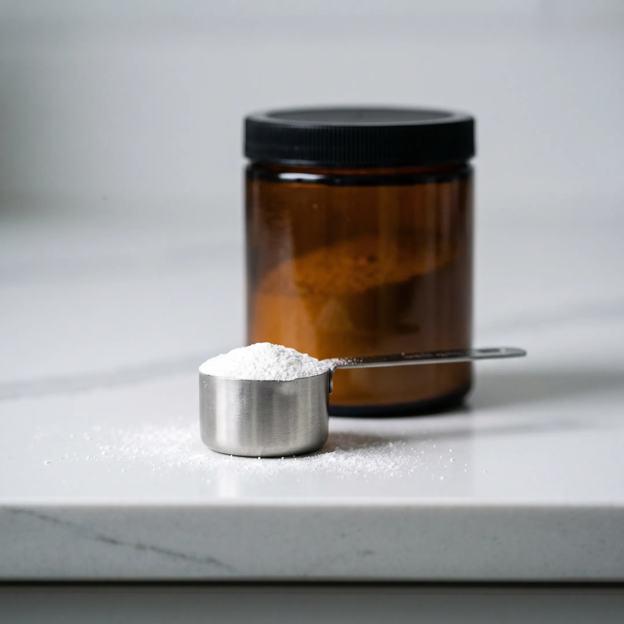 Scoop of NMN powder beside a supplement jar