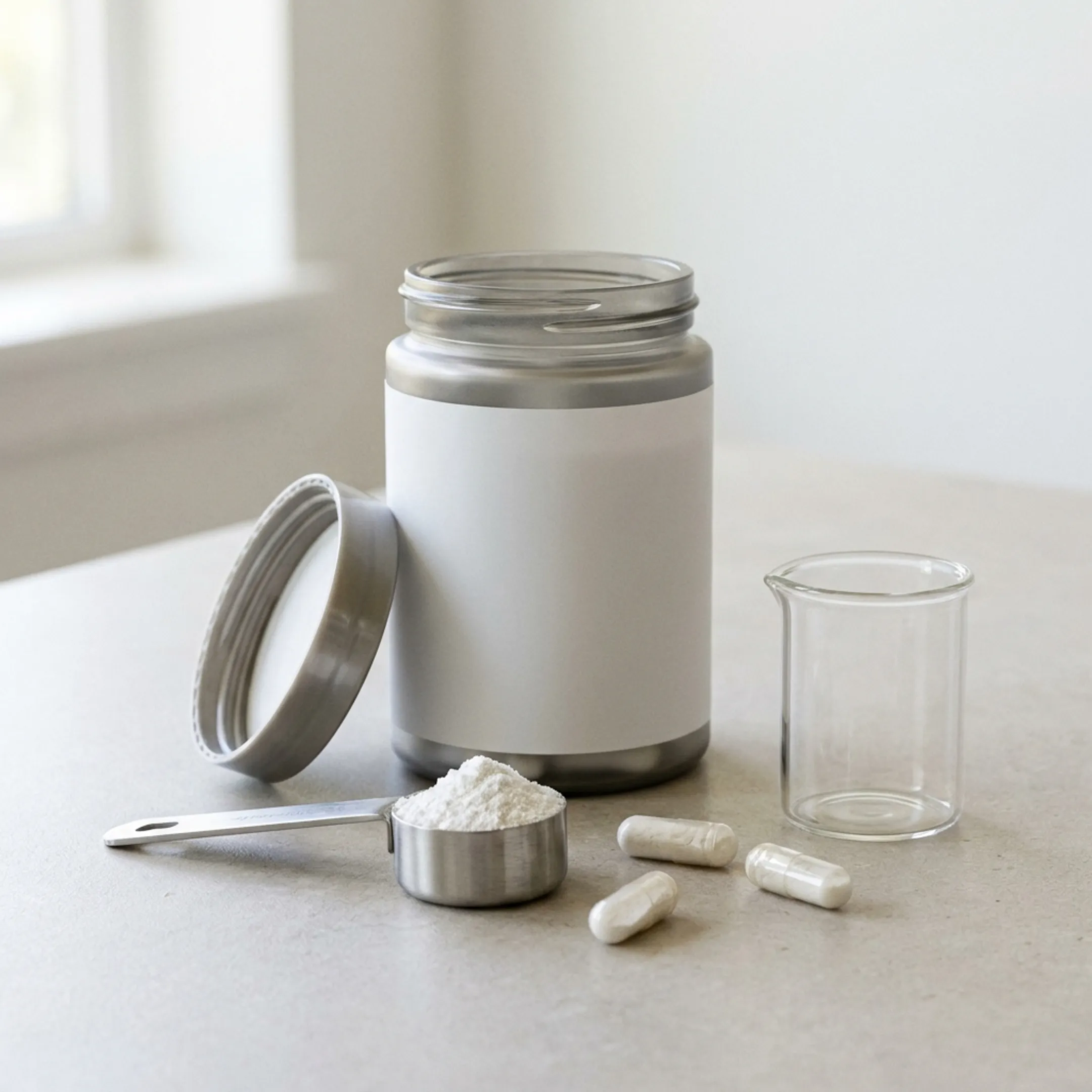 NMN powder container with scoop and capsules