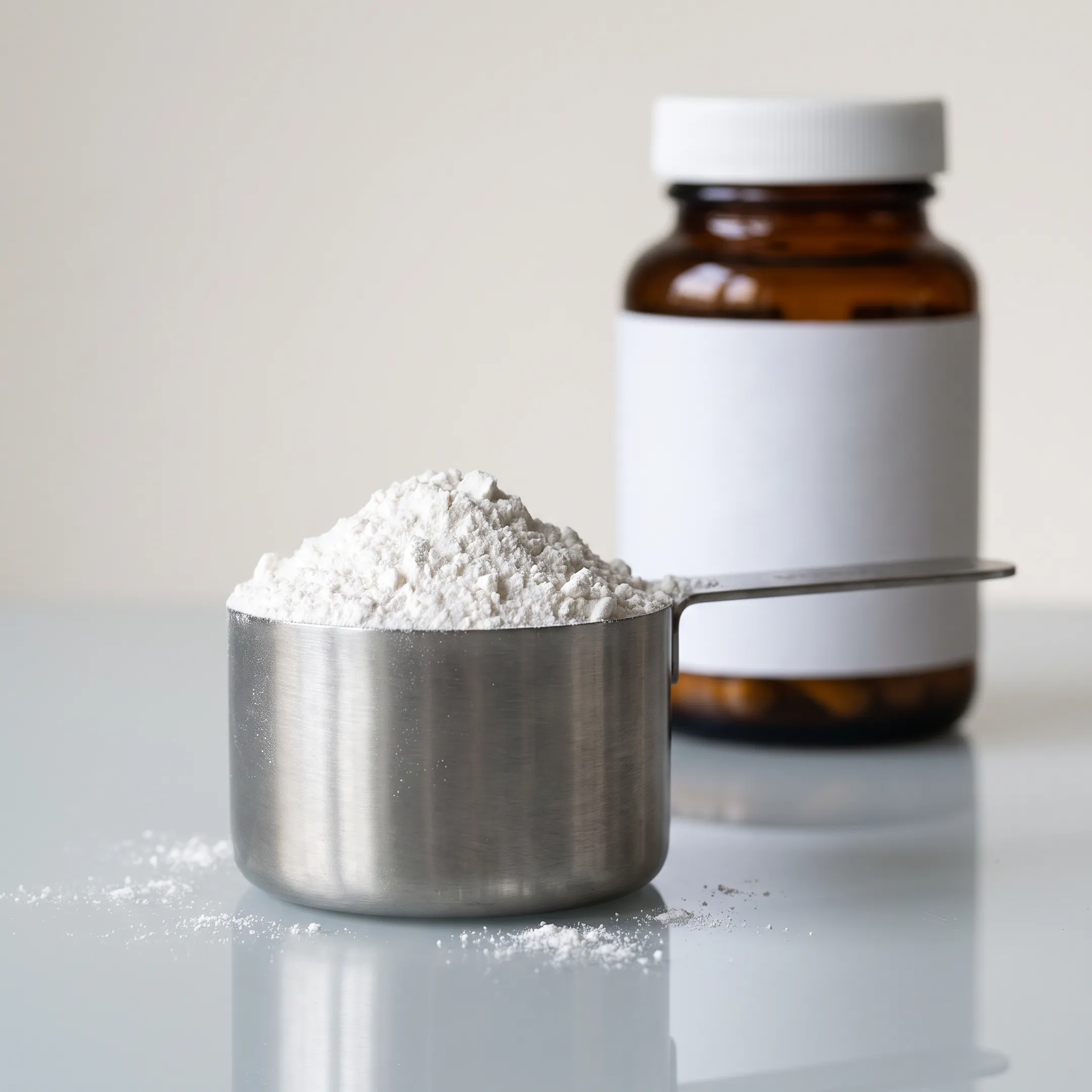 Scoop of fine NMN powder beside a supplement container