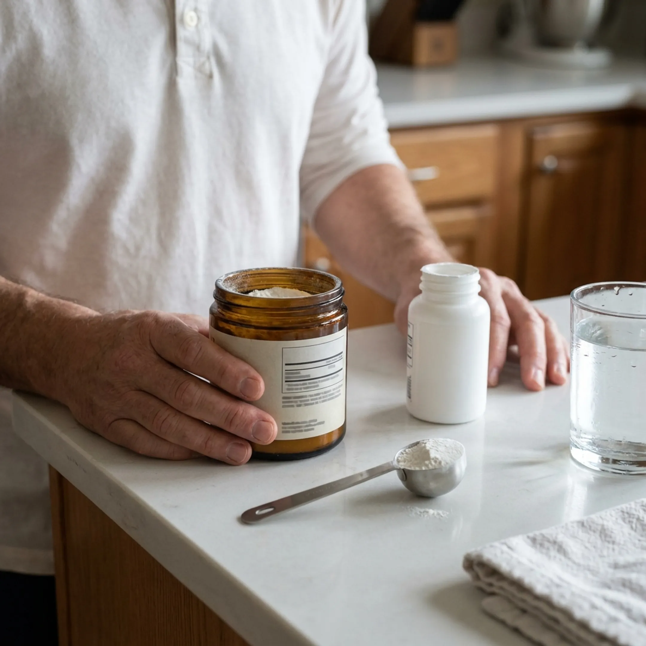 Person comparing NMN powder and capsule supplement bottles
