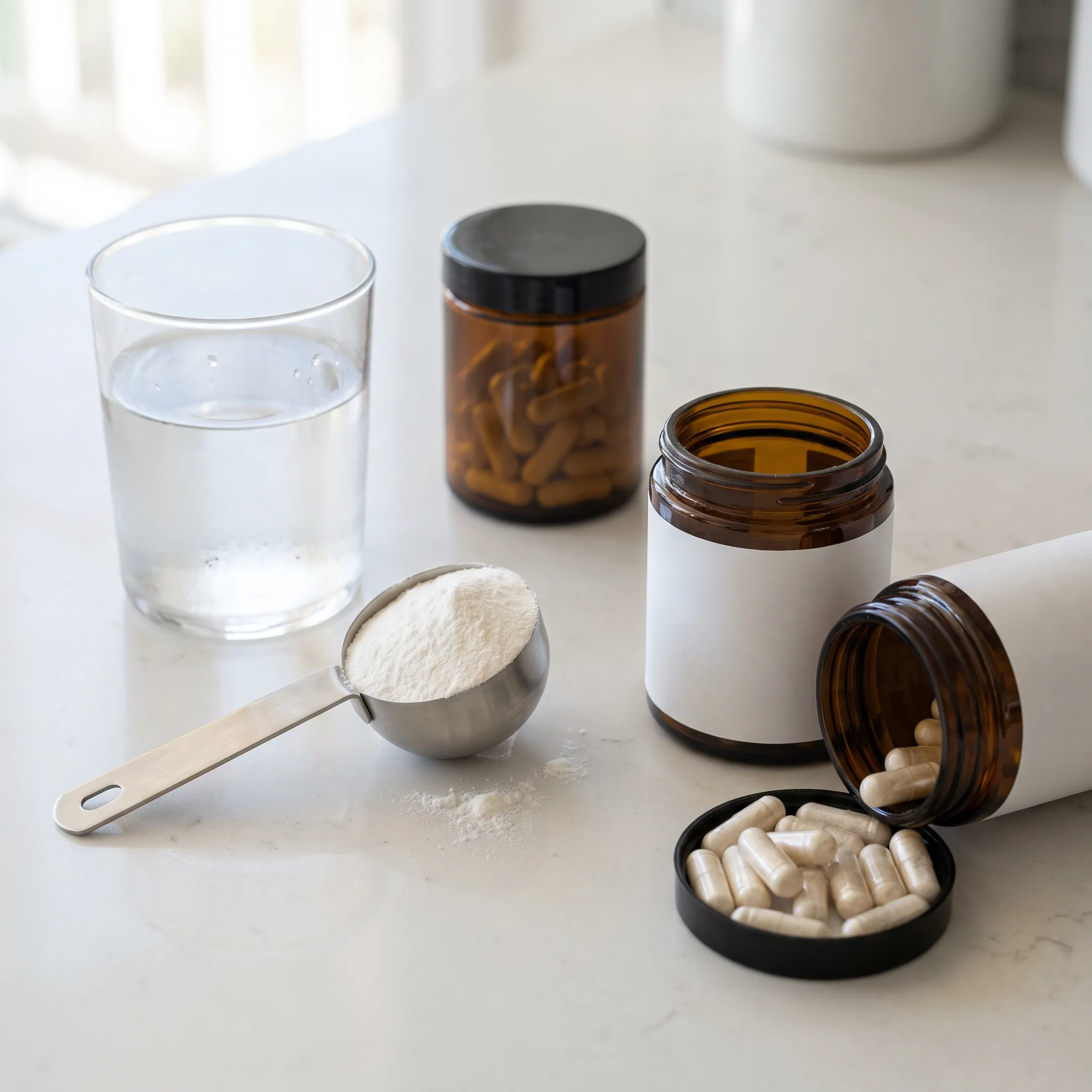 NMN powder and capsules beside a glass of water