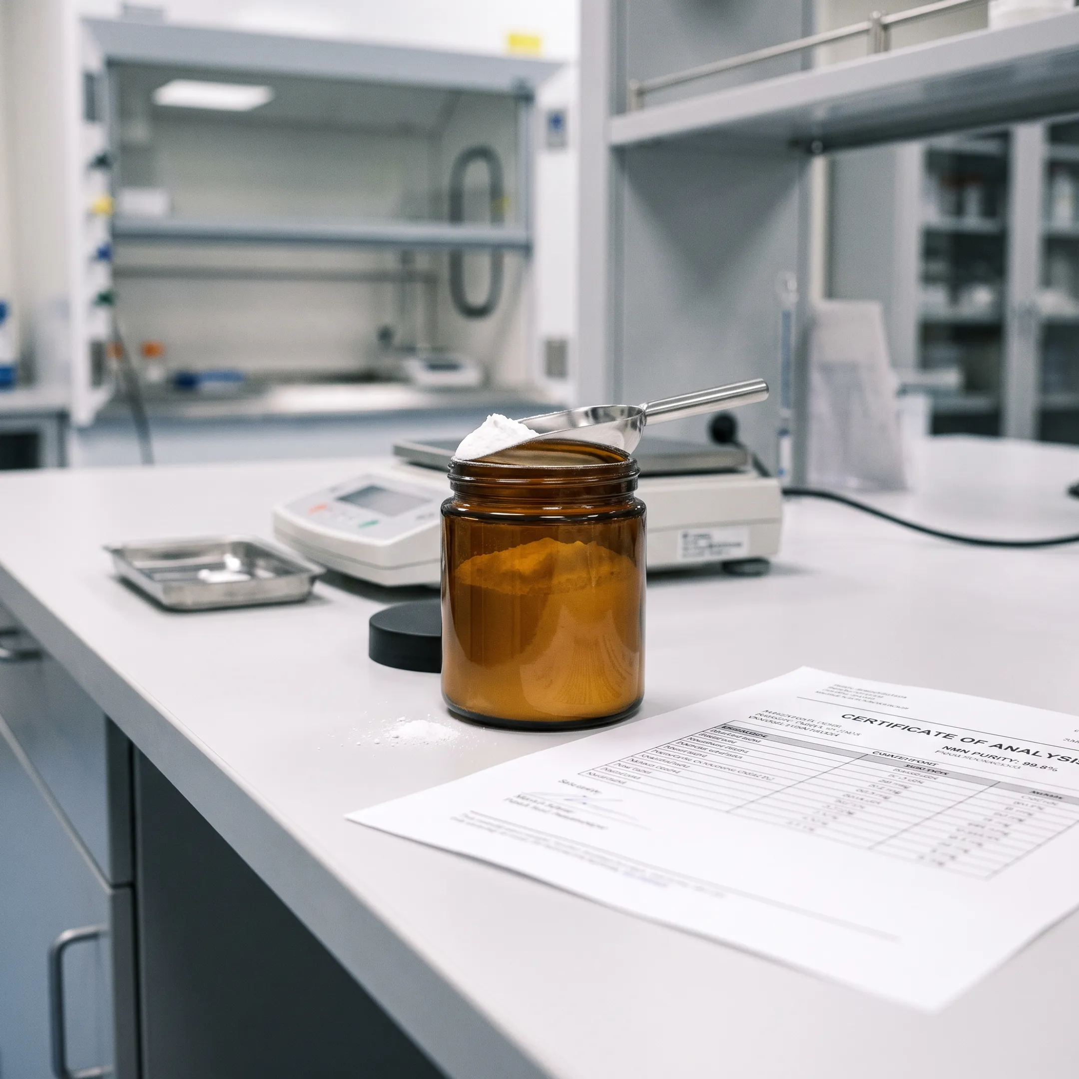 Lab-tested NMN powder in a glass container