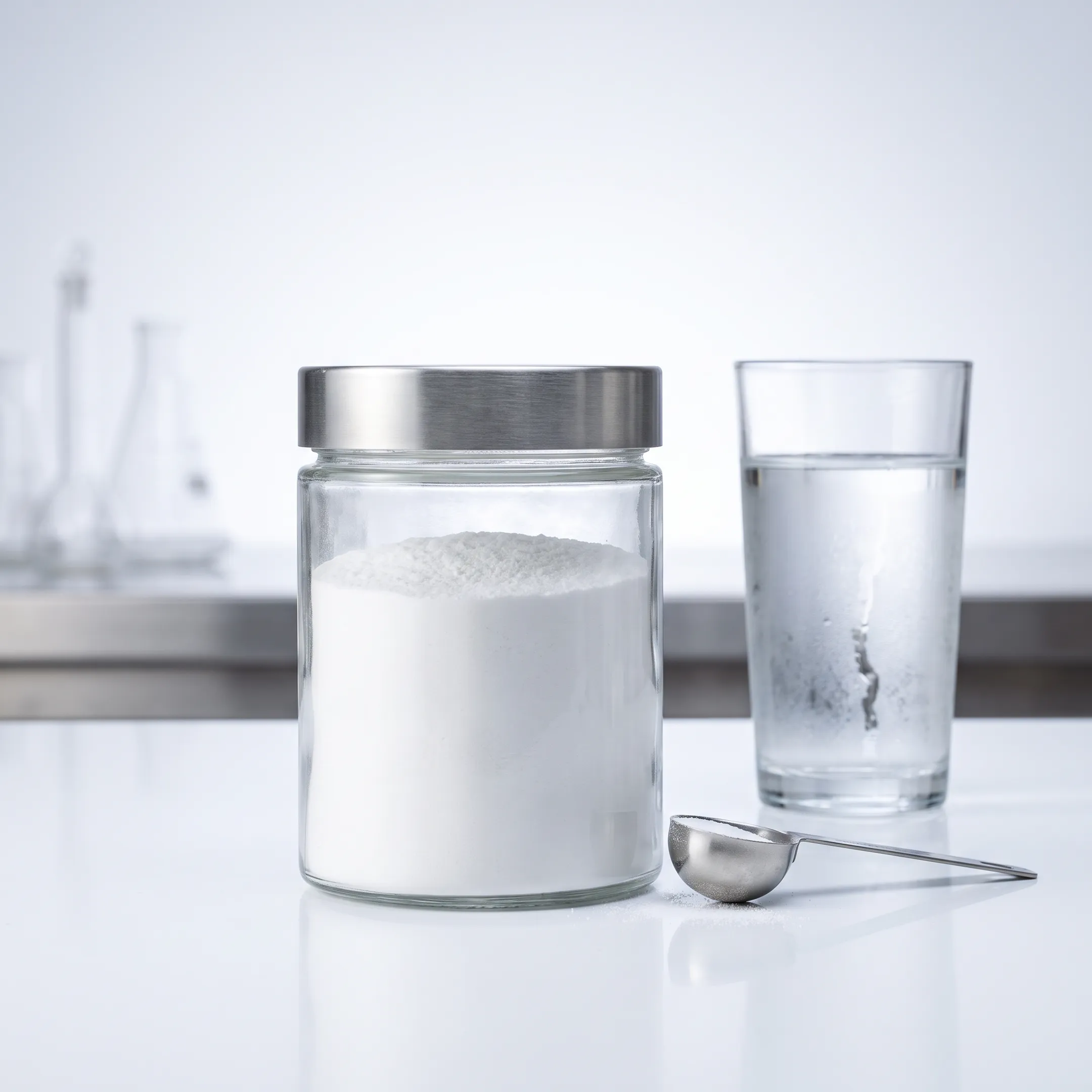 Spoonful of white NMN powder beside a supplement jar