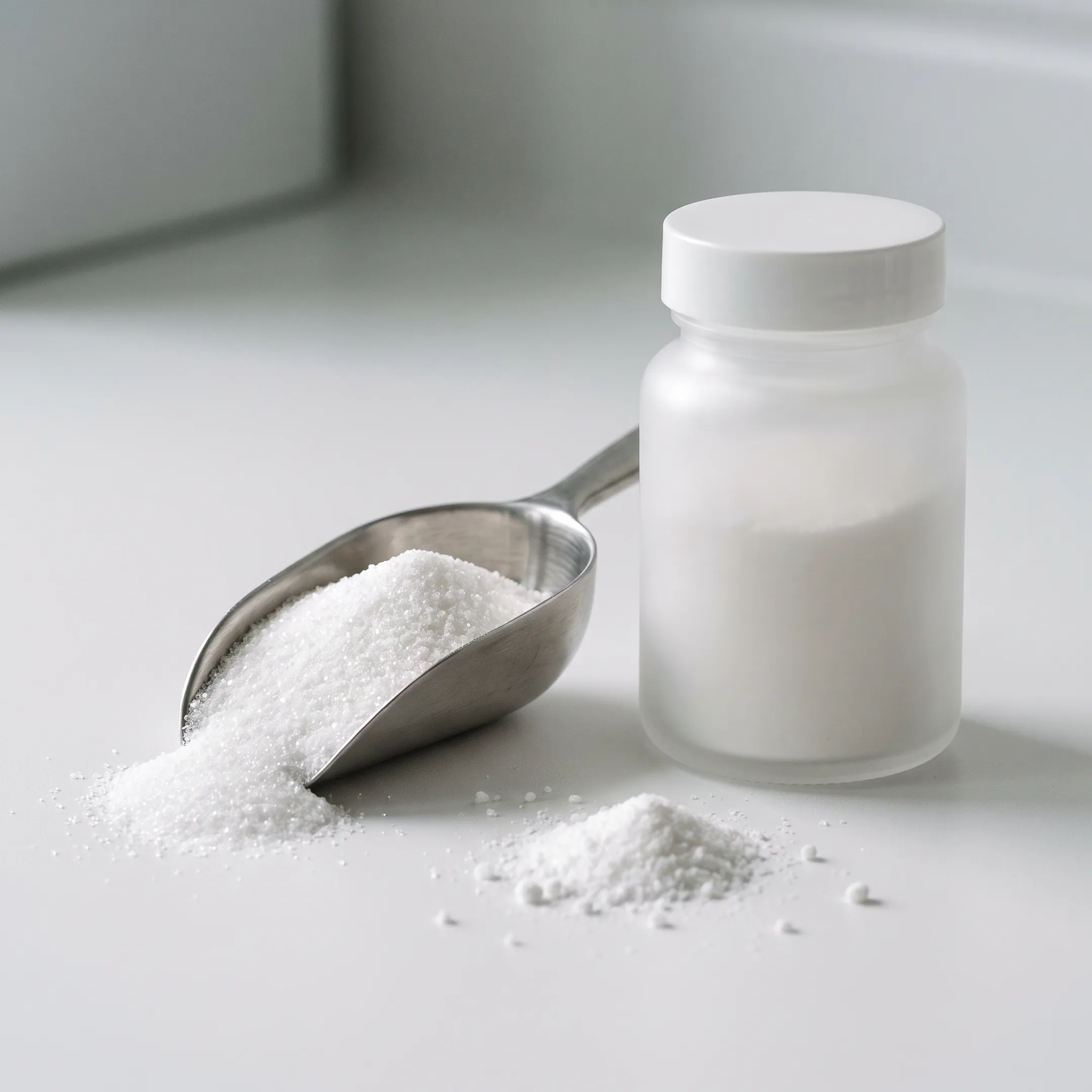 Scoop of white NMN powder beside a supplement jar